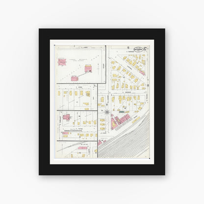 Old map wall art mockup — black gallery frame with white mat — Sanborn Fire Insurance Map from Galesburg, Knox County, Illinois (1906), Sheet #0017