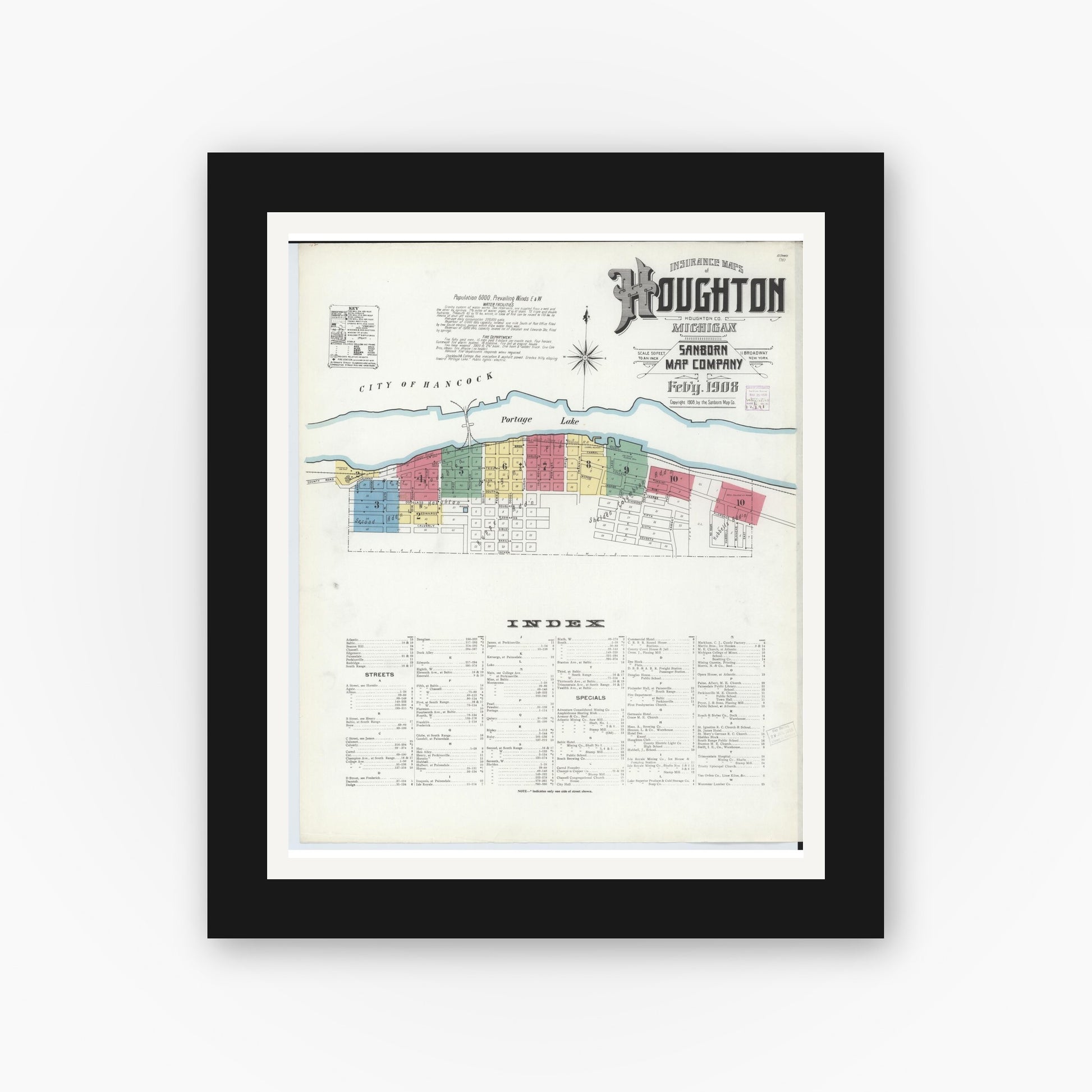 Old map wall art mockup — black gallery frame with white mat — Sanborn Fire Insurance Map from Houghton, Houghton County, Michigan (1908) - Complete Map Set