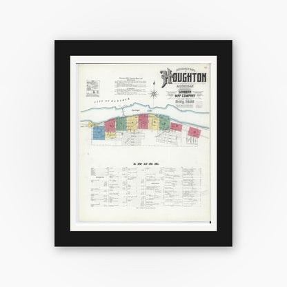 Old map wall art mockup — black gallery frame with white mat — Sanborn Fire Insurance Map from Houghton, Houghton County, Michigan (1908) - Complete Map Set