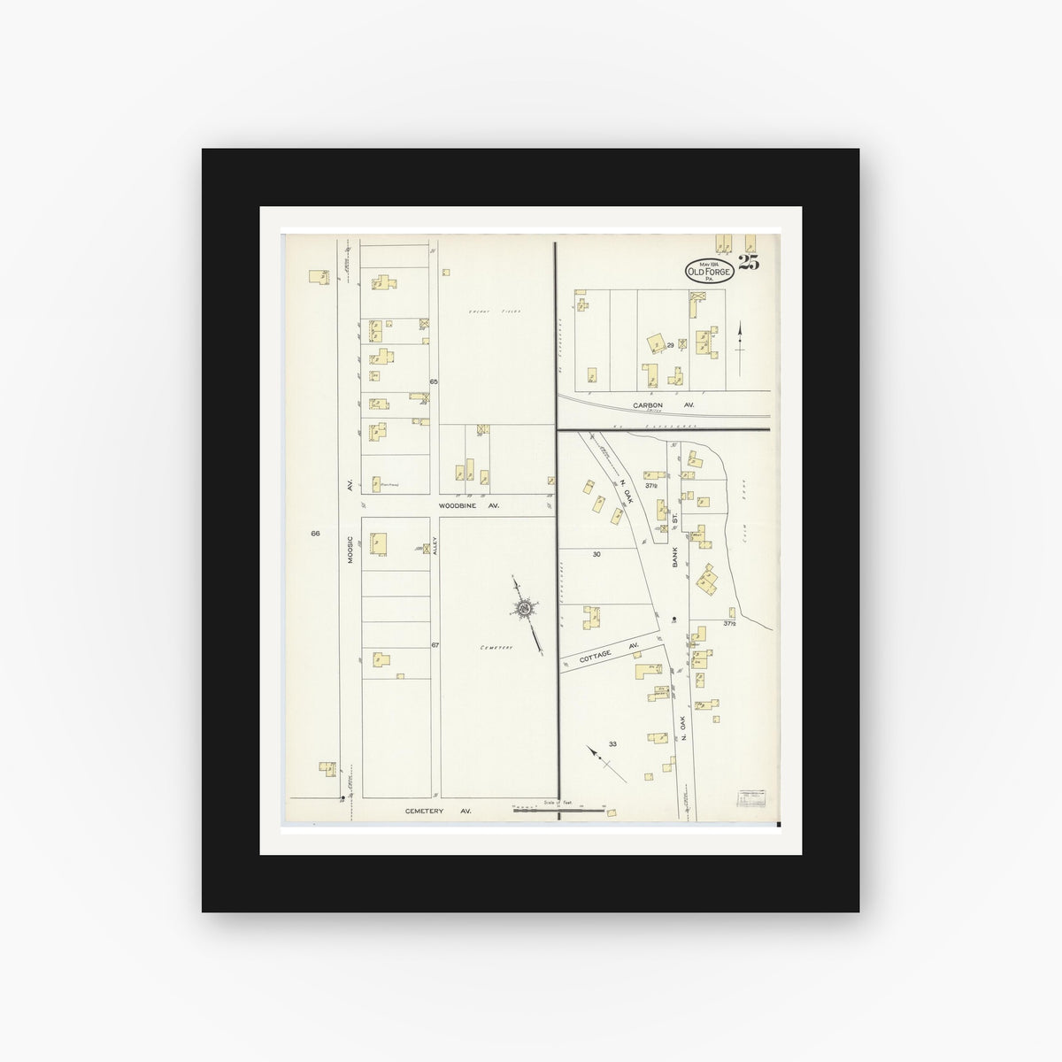 Old map wall art mockup — black gallery frame with white mat — Sanborn Fire Insurance Map from Old Forge, Lackawanna County, Pennsylvania (1914), Sheet #0025