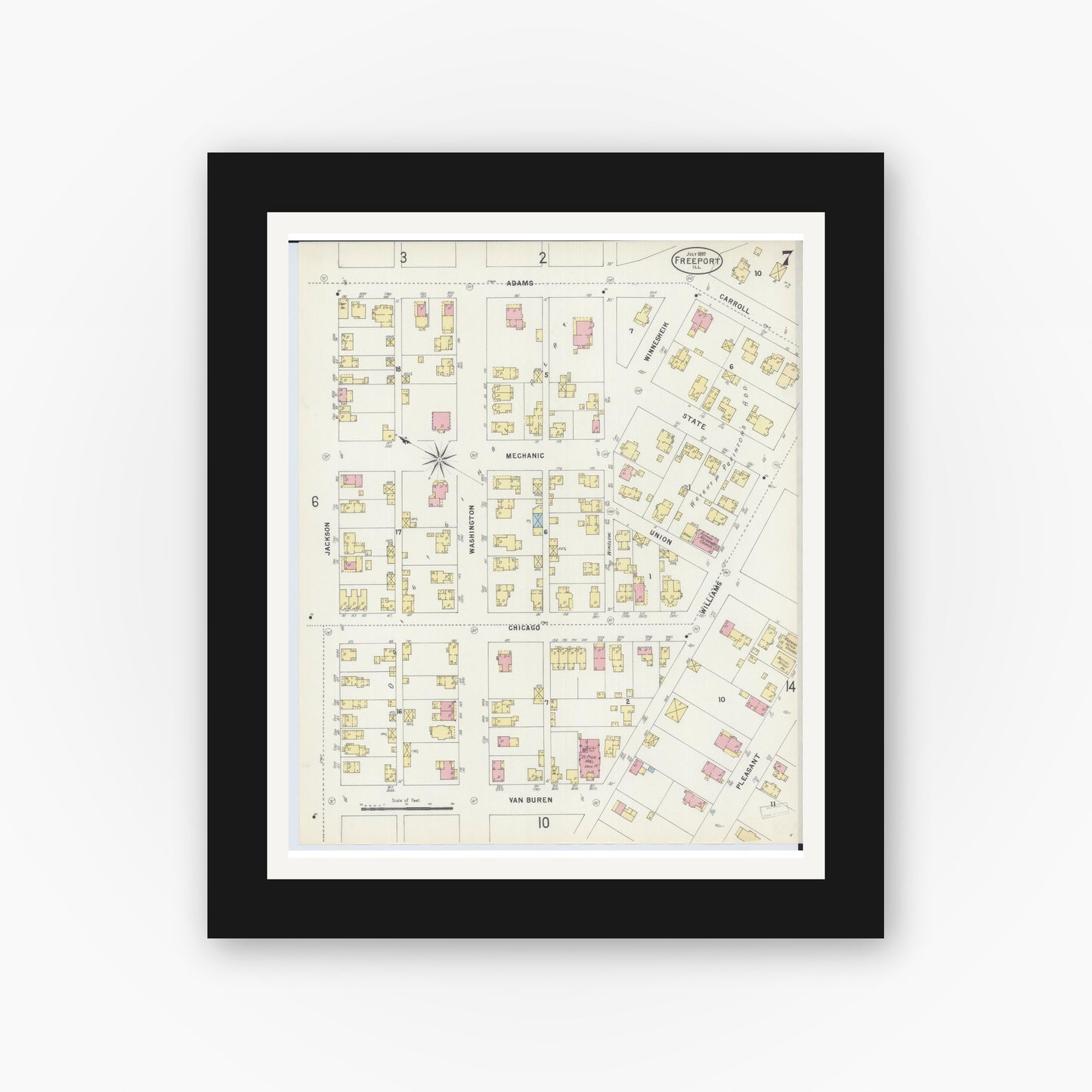 Old map wall art mockup — black gallery frame with white mat — Sanborn Fire Insurance Map from Freeport, Stephenson County, Illinois (1897), Sheet #0007