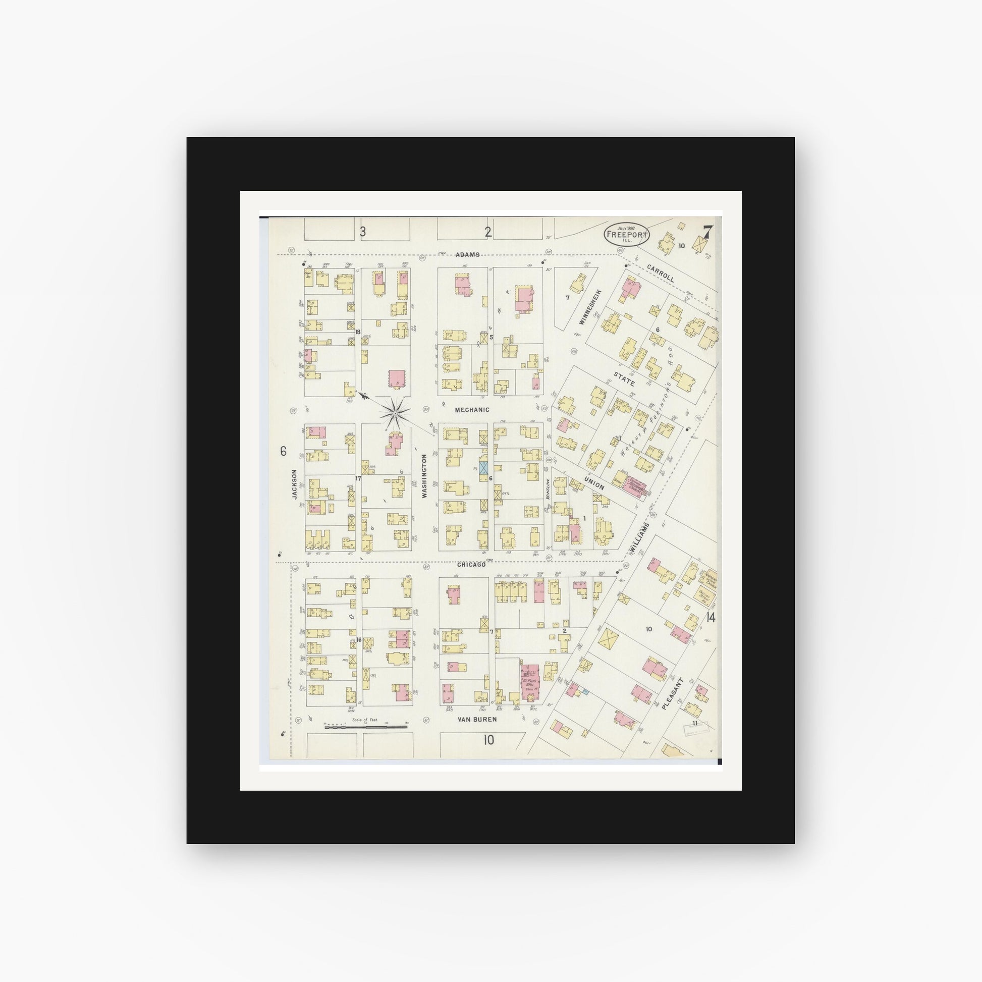 Old map wall art mockup — black gallery frame with white mat — Sanborn Fire Insurance Map from Freeport, Stephenson County, Illinois (1897), Sheet #0007