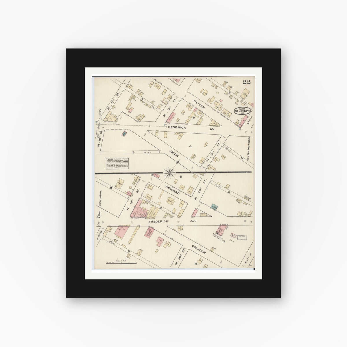 Old map wall art mockup — black gallery frame with white mat — Sanborn Fire Insurance Map from Saint Joseph, Buchanan County, Missouri (1883), Sheet #0022