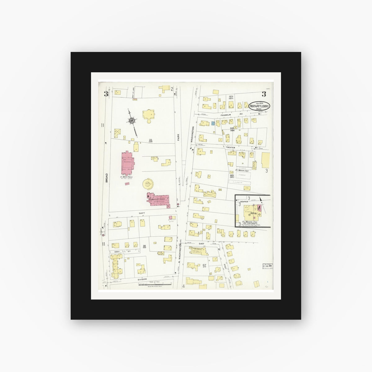 Old map wall art mockup — black gallery frame with white mat — Sanborn Fire Insurance Map from North Attleborough, Bristol County, Massachusetts (1924), Sheet #0003