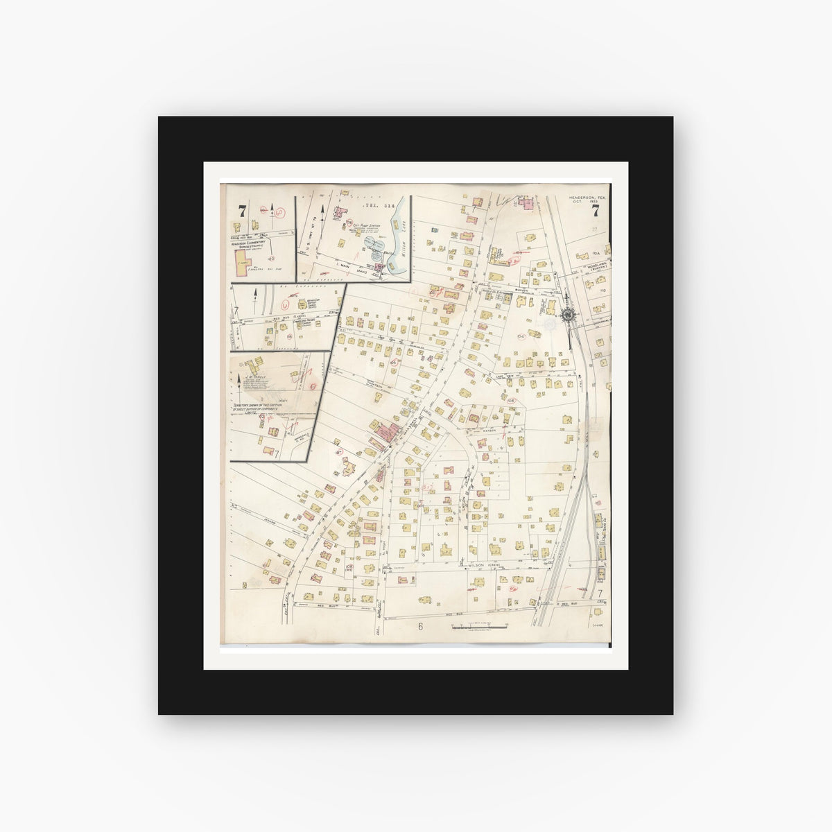Old map wall art mockup — black gallery frame with white mat — Sanborn Fire Insurance Map from Henderson, Rusk County, Texas (1949), Sheet #0007