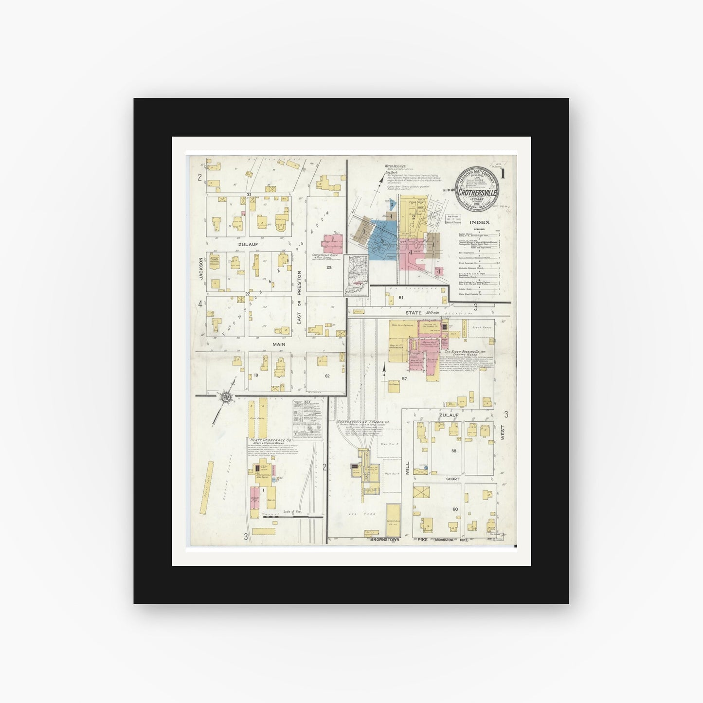 Old map wall art mockup — black gallery frame with white mat — Sanborn Fire Insurance Map from Crothersville, Jackson County, Indiana (1916) - Complete Map Set