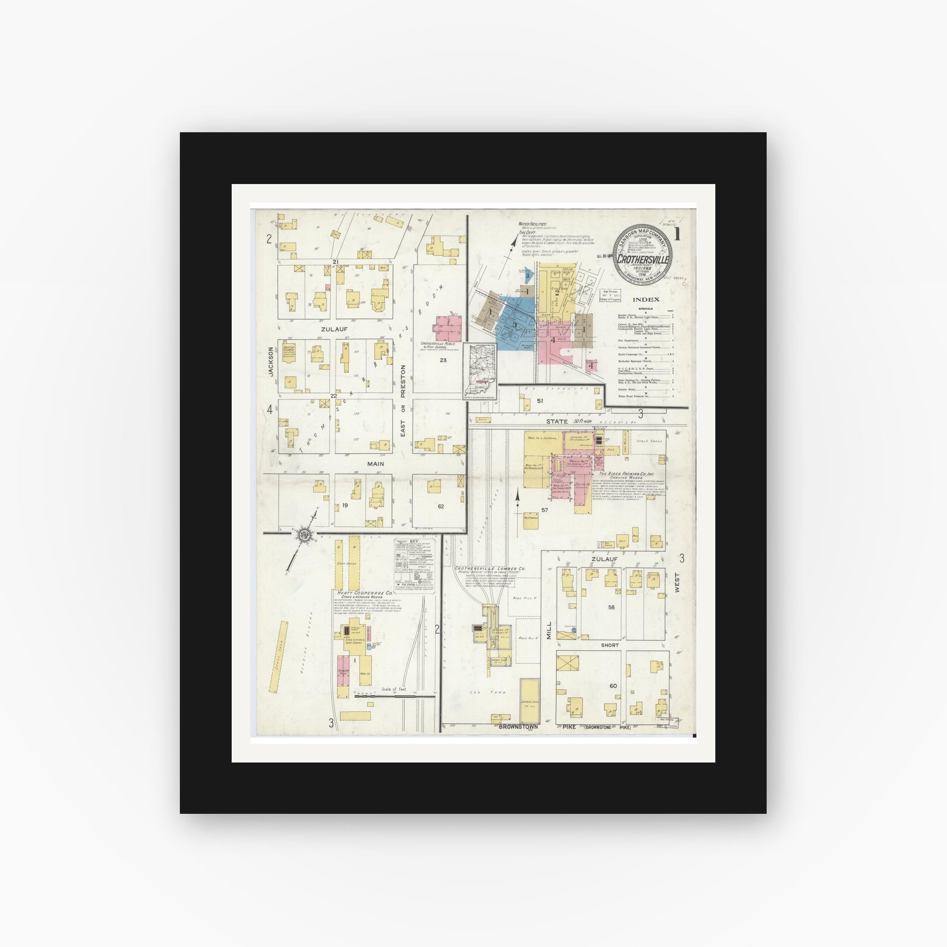 Old map wall art mockup — black gallery frame with white mat — Sanborn Fire Insurance Map from Crothersville, Jackson County, Indiana (1916) - Complete Map Set
