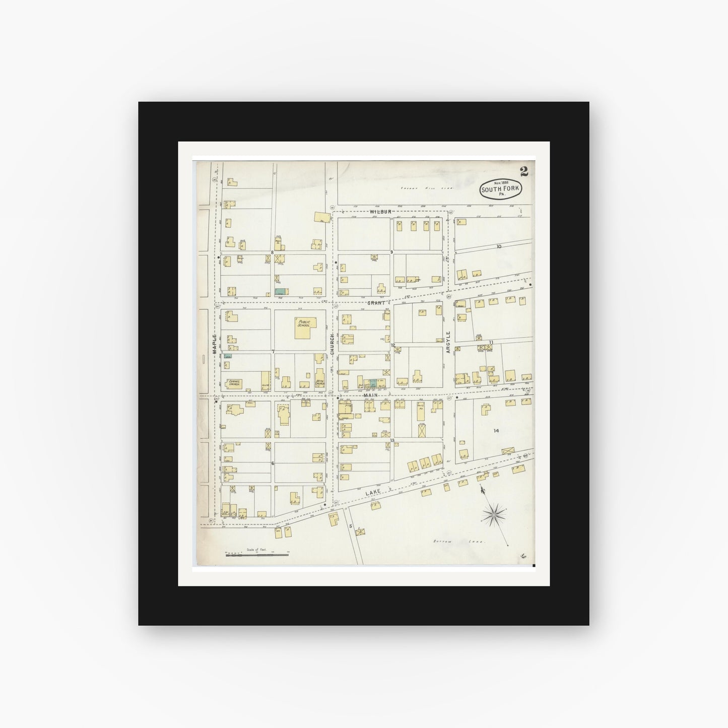 Old map wall art mockup — black gallery frame with white mat — Sanborn Fire Insurance Map from South Fork, Cambria County, Pennsylvania (1895), Sheet #0002