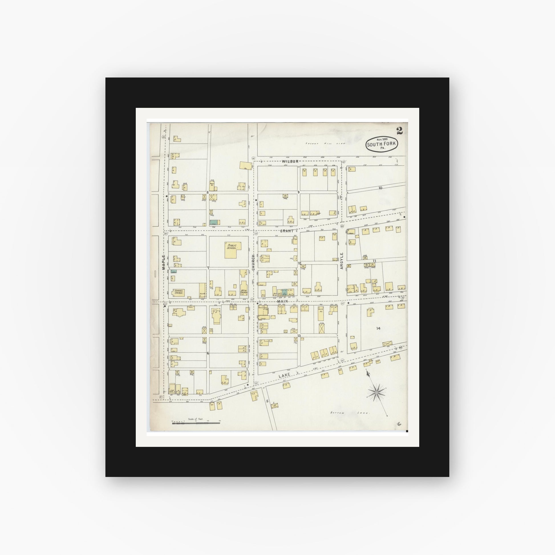 Old map wall art mockup — black gallery frame with white mat — Sanborn Fire Insurance Map from South Fork, Cambria County, Pennsylvania (1895), Sheet #0002