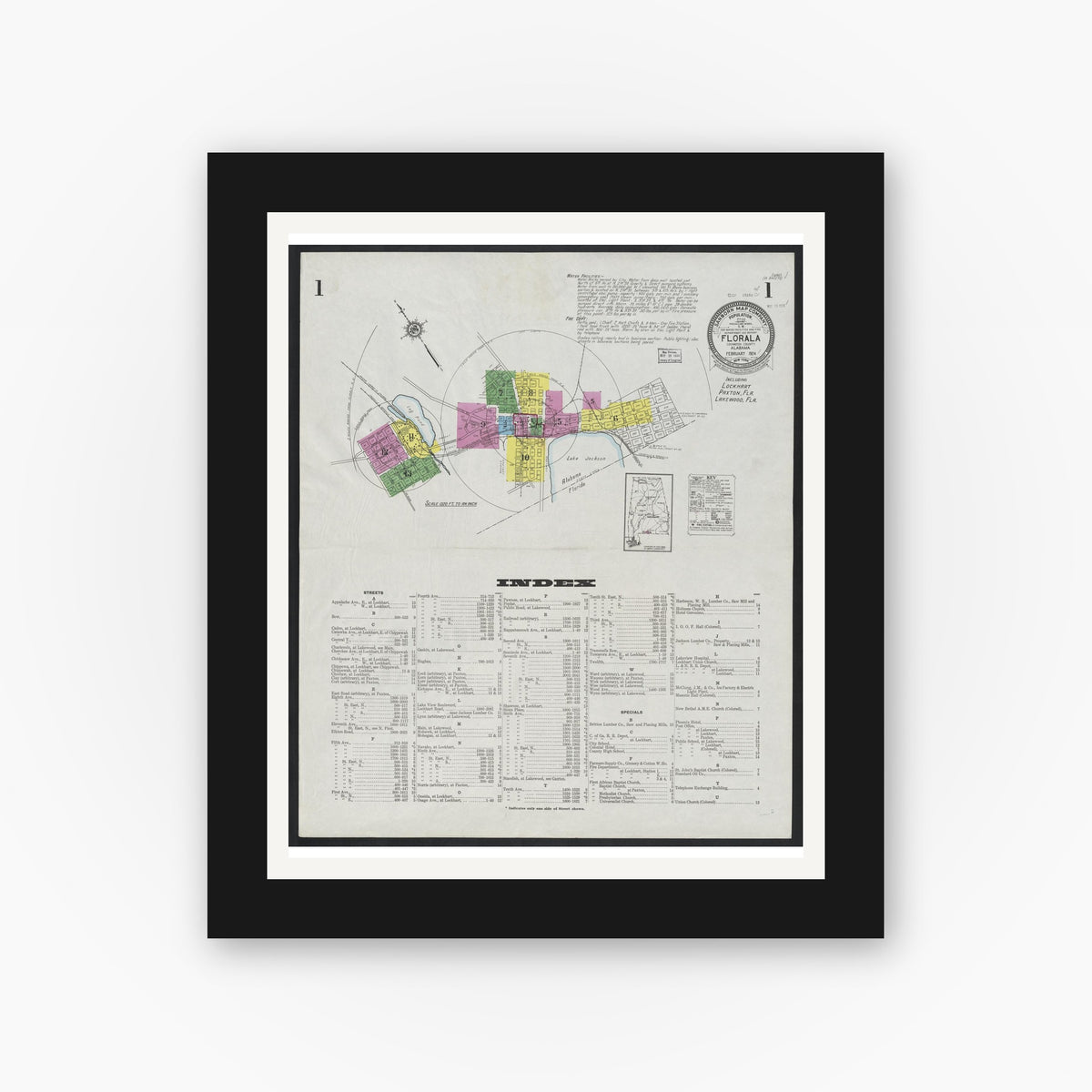 Old map wall art mockup — black gallery frame with white mat — Sanborn Fire Insurance Map from Florala, Covington County, Alabama (1924), Sheet #0001