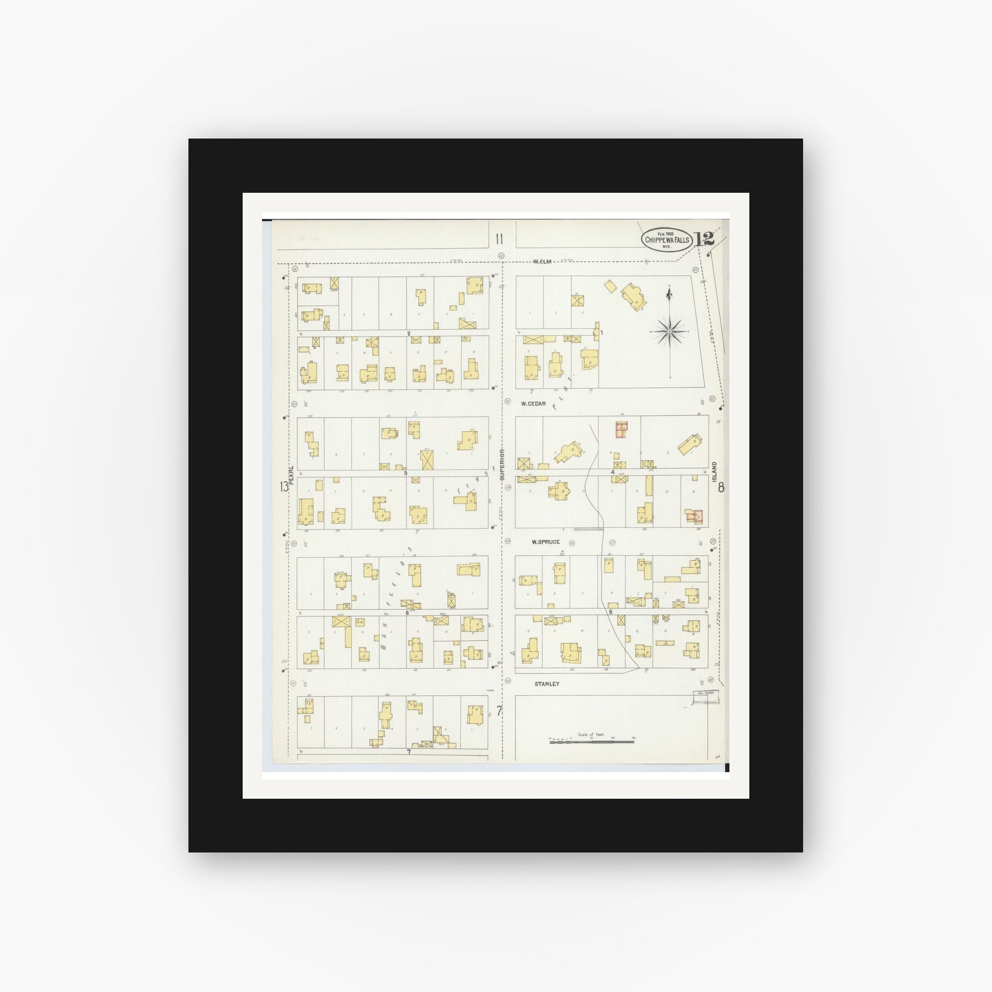 Old map wall art mockup — black gallery frame with white mat — Sanborn Fire Insurance Map from Chippewa Falls, Chippewa County, Wisconsin (1903), Sheet #0012