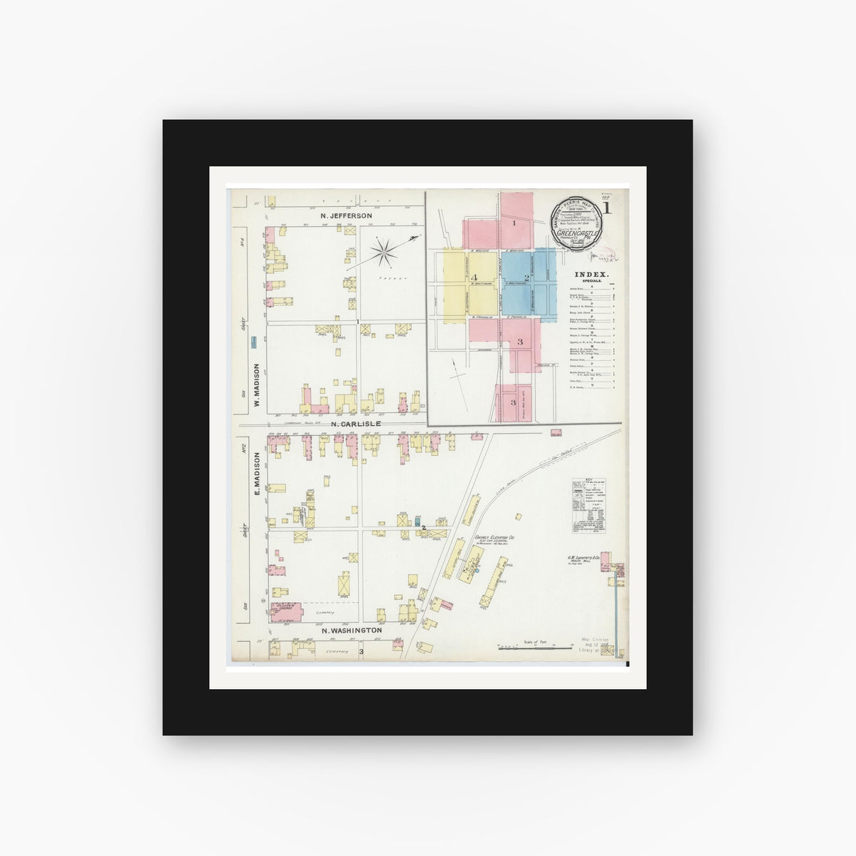 Old map wall art mockup — black gallery frame with white mat — Sanborn Fire Insurance Map from Greencastle, Franklin County, Pennsylvania (1891), Sheet #0001