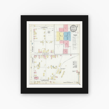 Old map wall art mockup — black gallery frame with white mat — Sanborn Fire Insurance Map from Greencastle, Franklin County, Pennsylvania (1891), Sheet #0001
