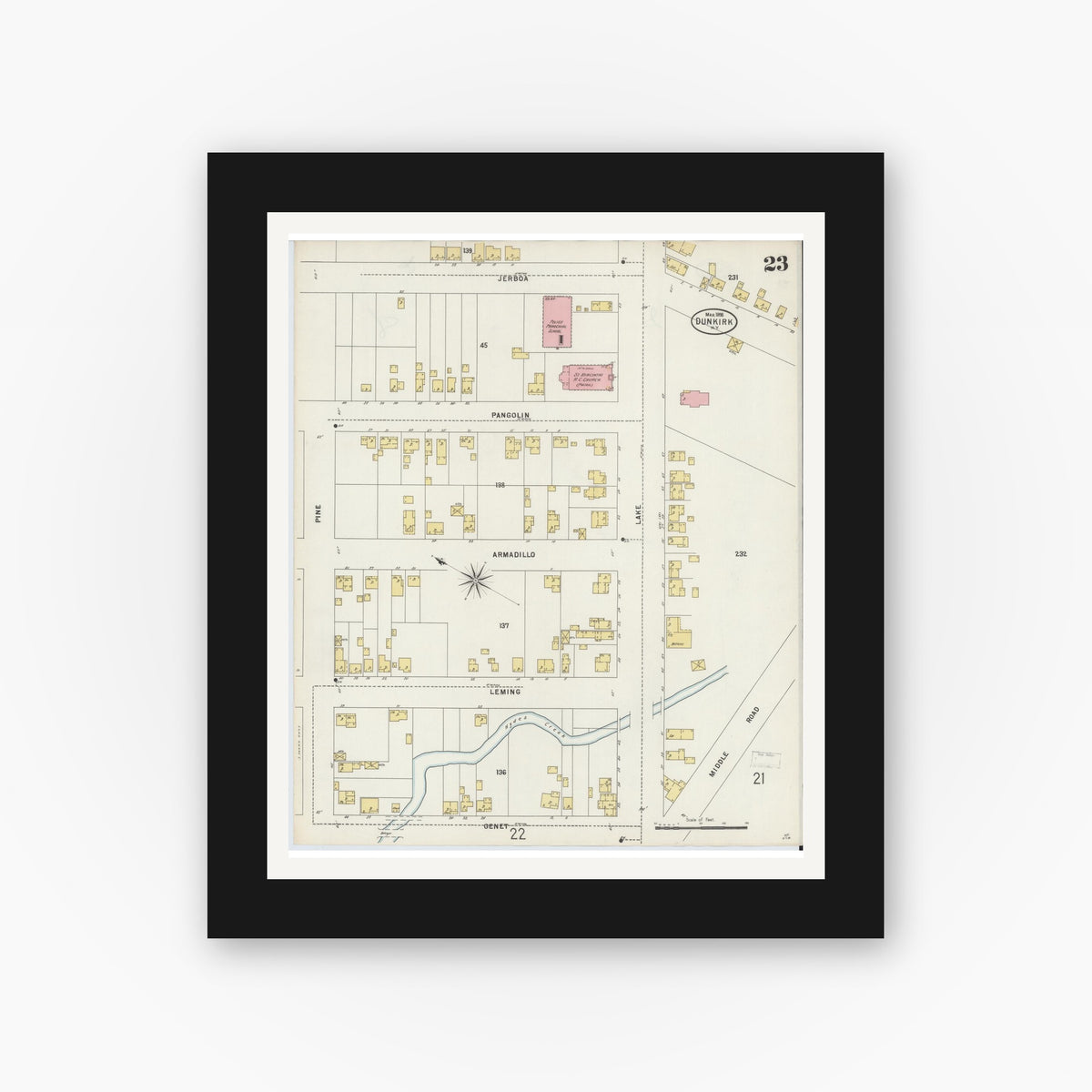 Old map wall art mockup — black gallery frame with white mat — Sanborn Fire Insurance Map from Dunkirk, Chautauqua County, New York (1898), Sheet #0023