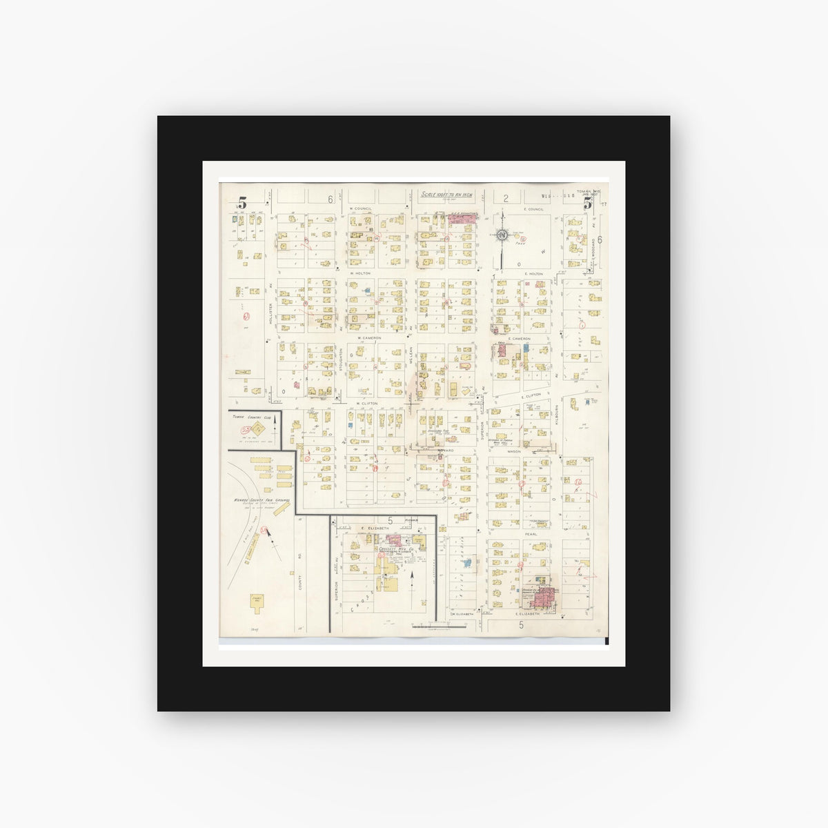 Old map wall art mockup — black gallery frame with white mat — Sanborn Fire Insurance Map from Tomah, Monroe County, Wisconsin (1944), Sheet #0005