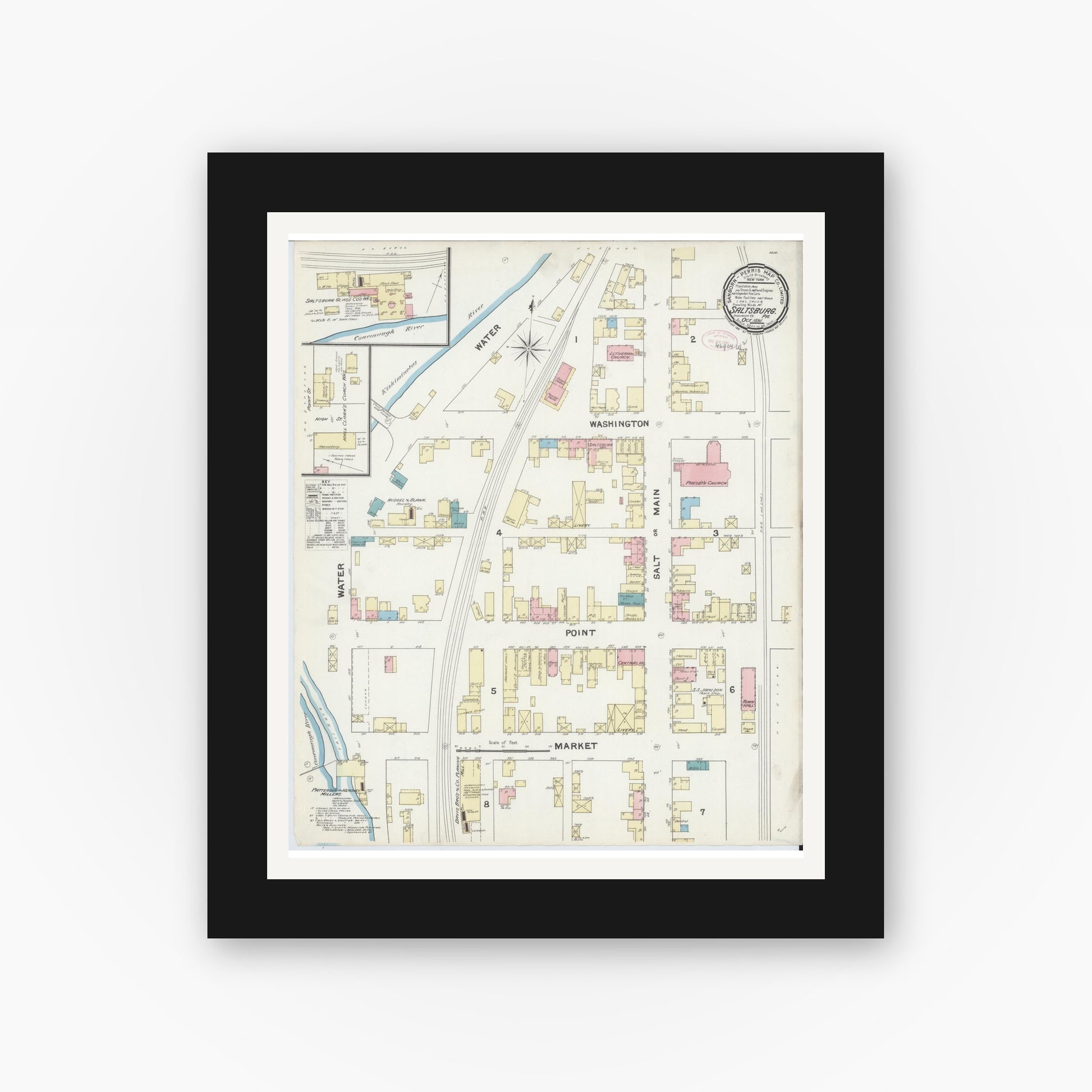 Old map wall art mockup — black gallery frame with white mat — Sanborn Fire Insurance Map from Saltsburg, Indiana County, Pennsylvania (1891), Sheet #0001