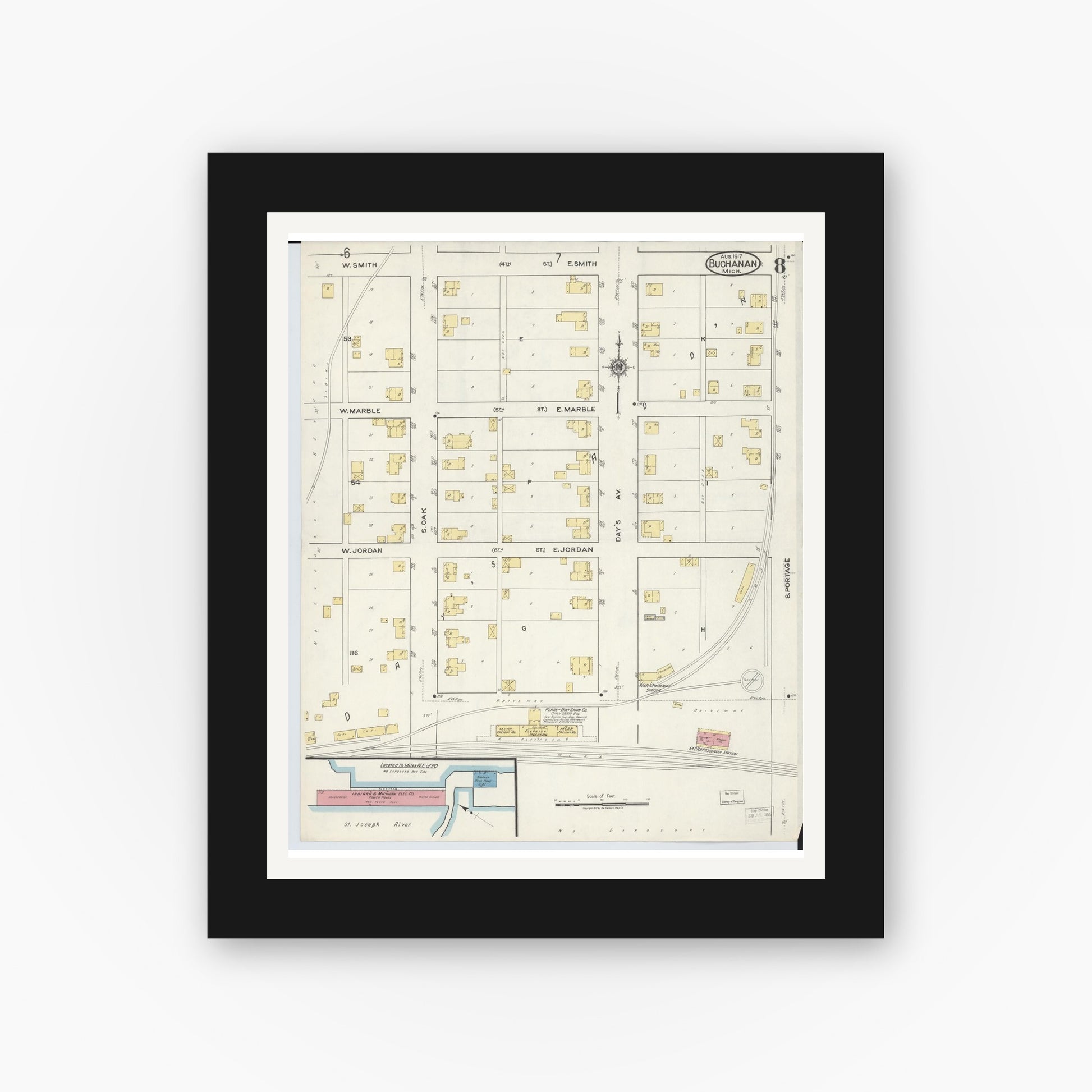 Old map wall art mockup — black gallery frame with white mat — Sanborn Fire Insurance Map from Buchanan, Berrien County, Michigan (1917), Sheet #0008