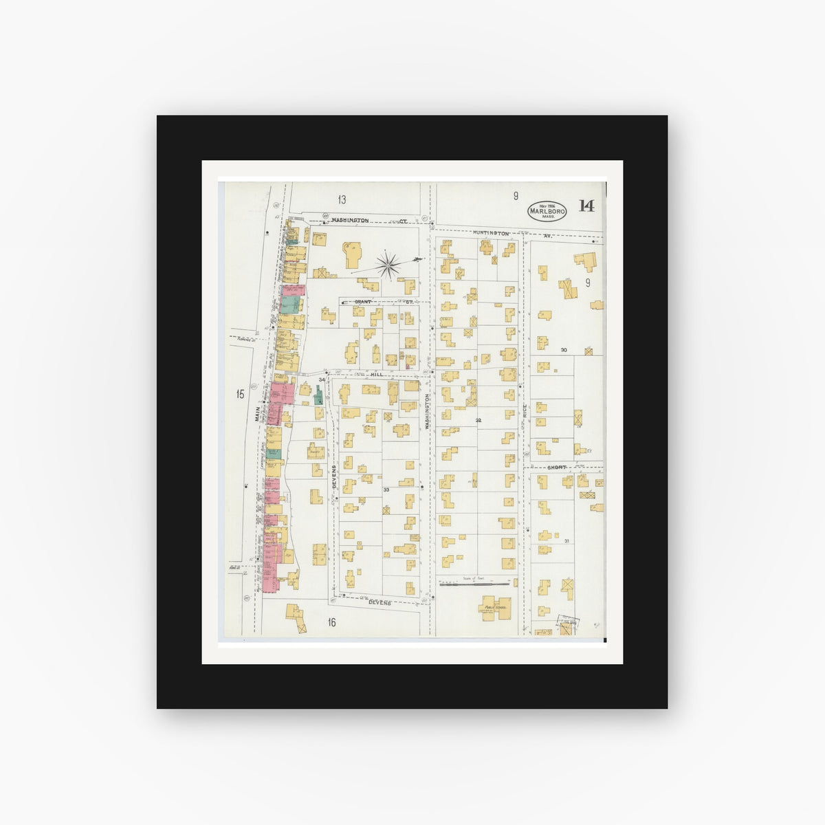 Old map wall art mockup — black gallery frame with white mat — Sanborn Fire Insurance Map from Marlborough, Middlesex County, Massachusetts (1906), Sheet #0014