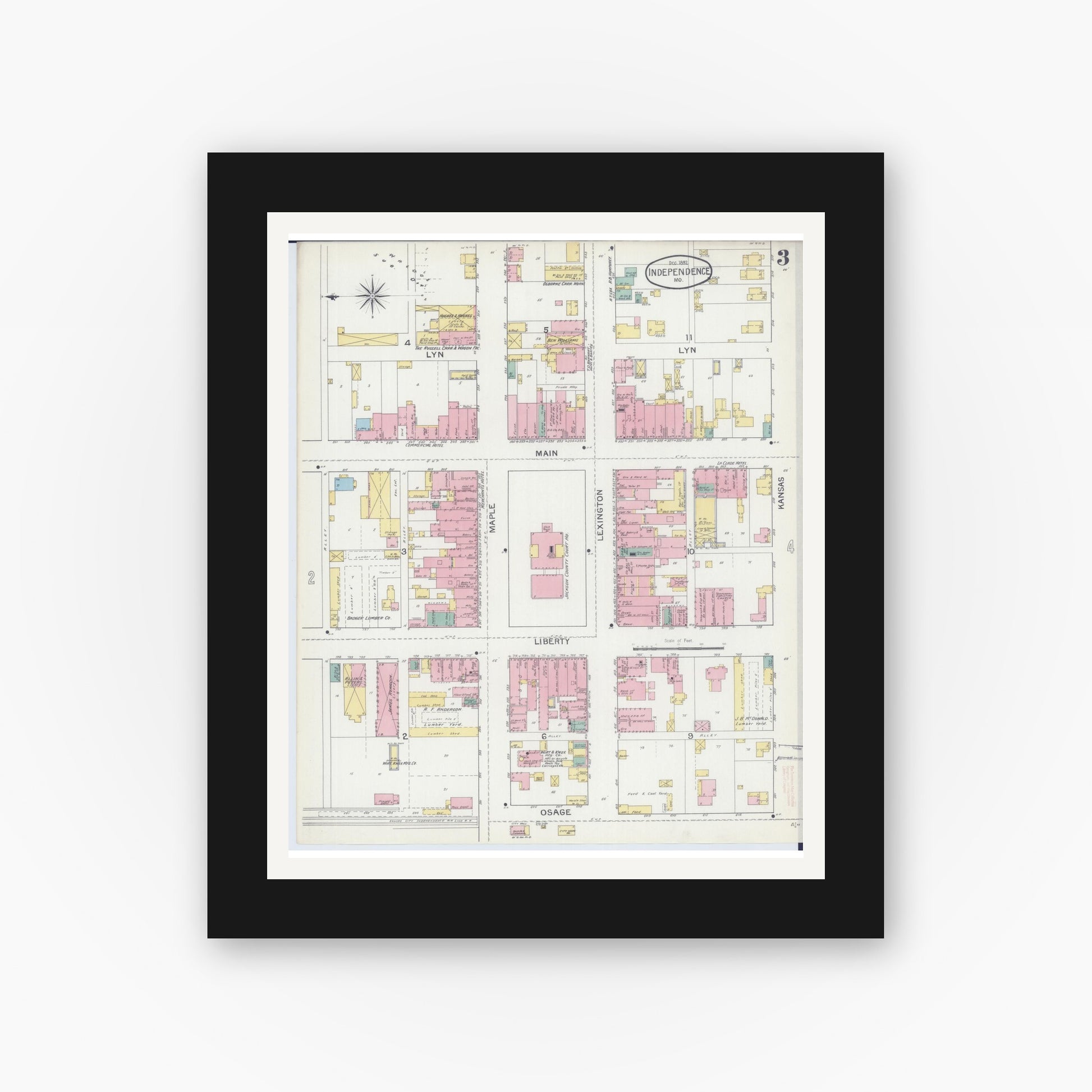 Old map wall art mockup — black gallery frame with white mat — Sanborn Fire Insurance Map from Independence, Jackson County, Missouri (1892), Sheet #0003