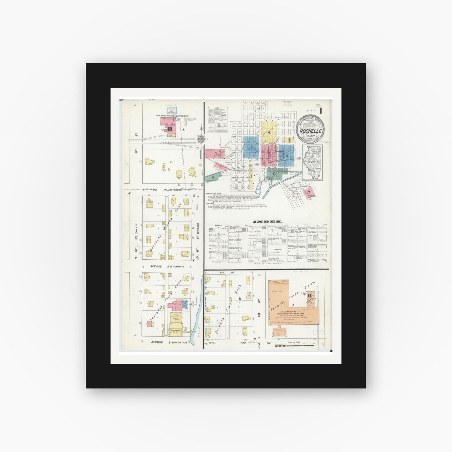 Old map wall art mockup — black gallery frame with white mat — Sanborn Fire Insurance Map from Rochelle, Ogle County, Illinois (1912), Sheet #0001