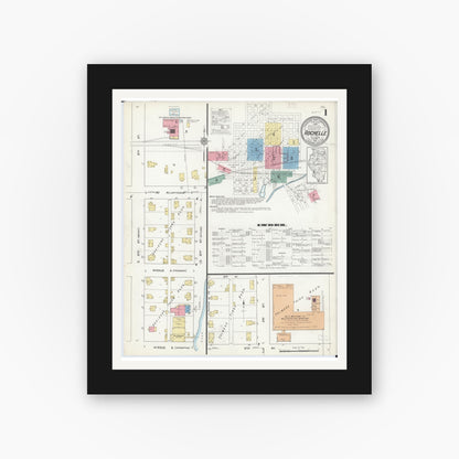 Old map wall art mockup — black gallery frame with white mat — Sanborn Fire Insurance Map from Rochelle, Ogle County, Illinois (1912), Sheet #0001