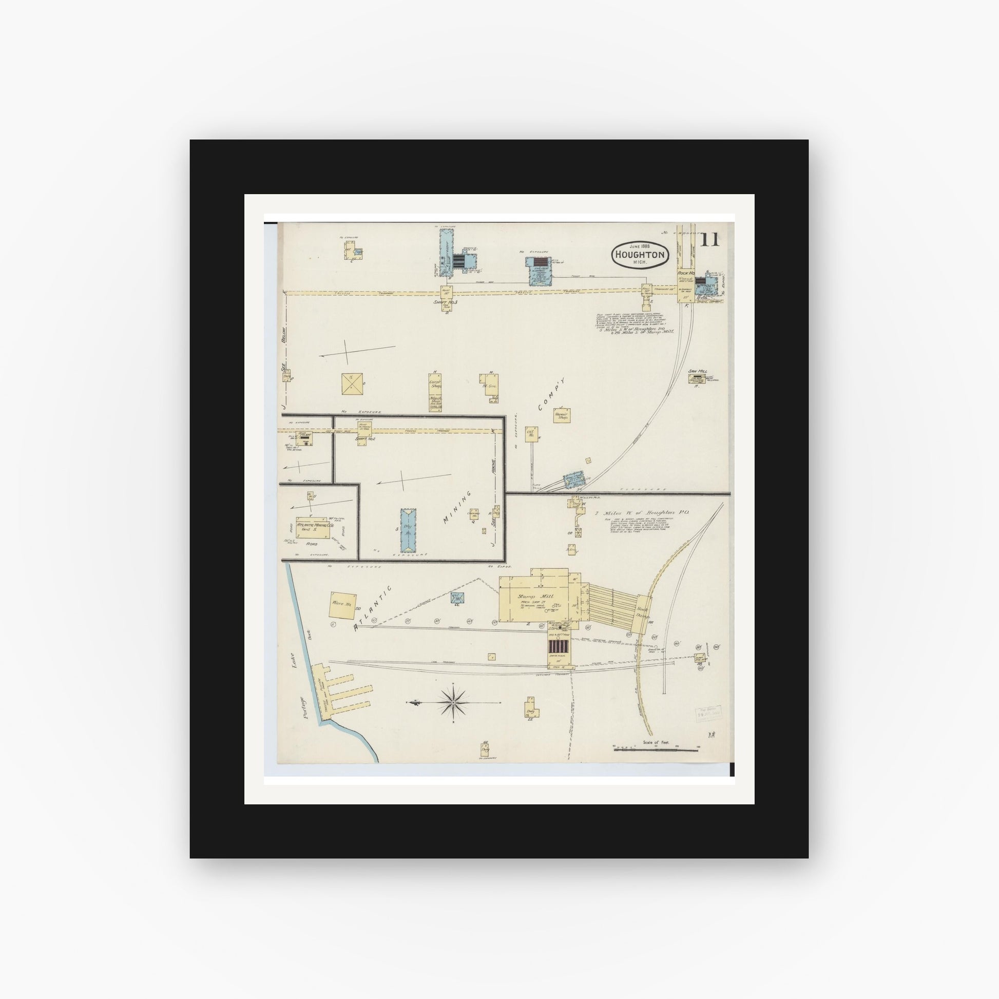 Old map wall art mockup — black gallery frame with white mat — Sanborn Fire Insurance Map from Houghton, Houghton County, Michigan (1888), Sheet #0011