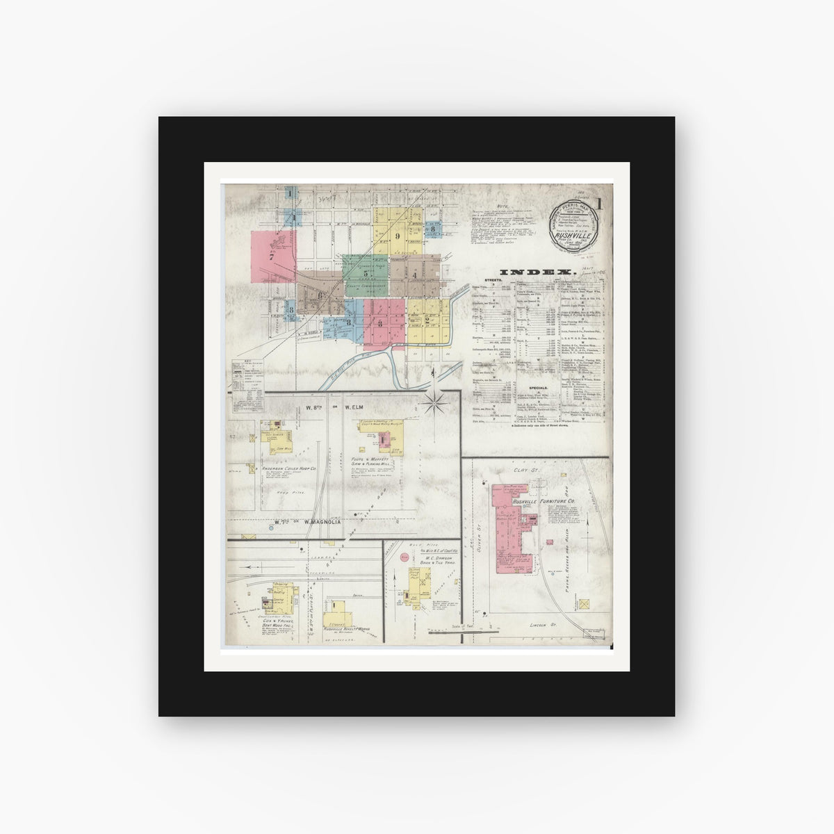 Old map wall art mockup — black gallery frame with white mat — Sanborn Fire Insurance Map from Rushville, Rush County, Indiana (1896) - Complete Map Set