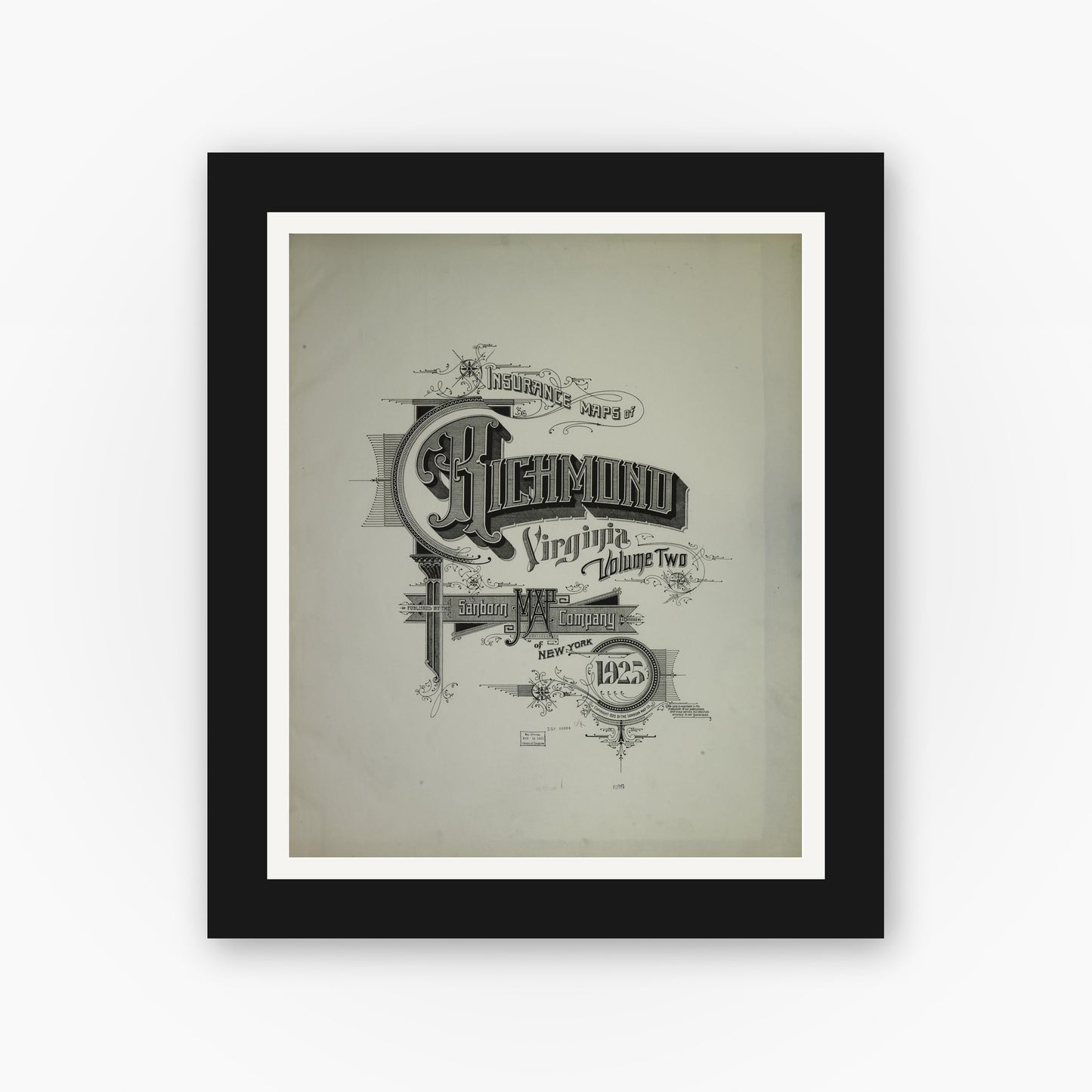 Old map wall art mockup — black gallery frame with white mat — Sanborn Fire Insurance Map from Richmond, Independent Cities, Virginia (1925), Sheet #0001