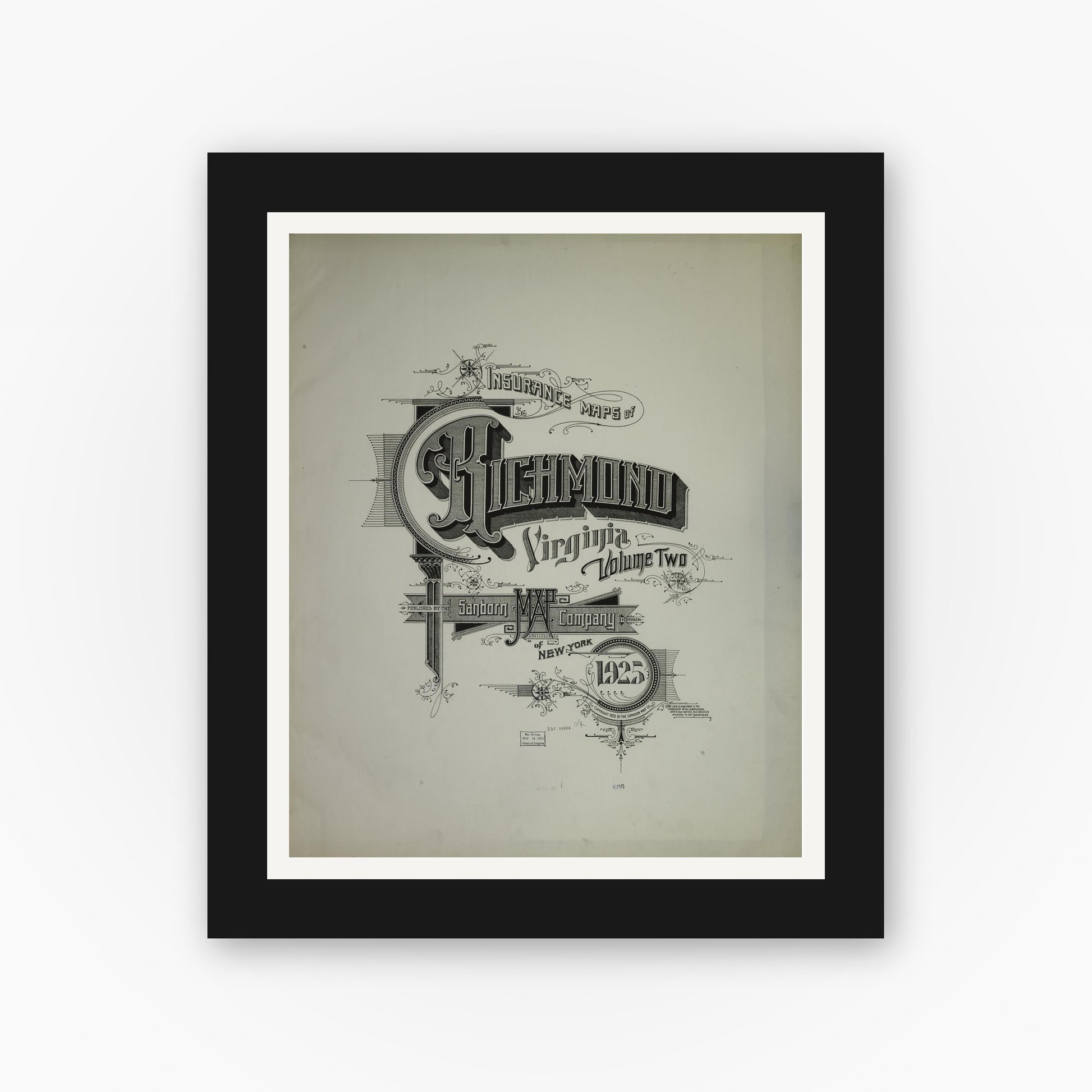 Old map wall art mockup — black gallery frame with white mat — Sanborn Fire Insurance Map from Richmond, Independent Cities, Virginia (1925), Sheet #0001