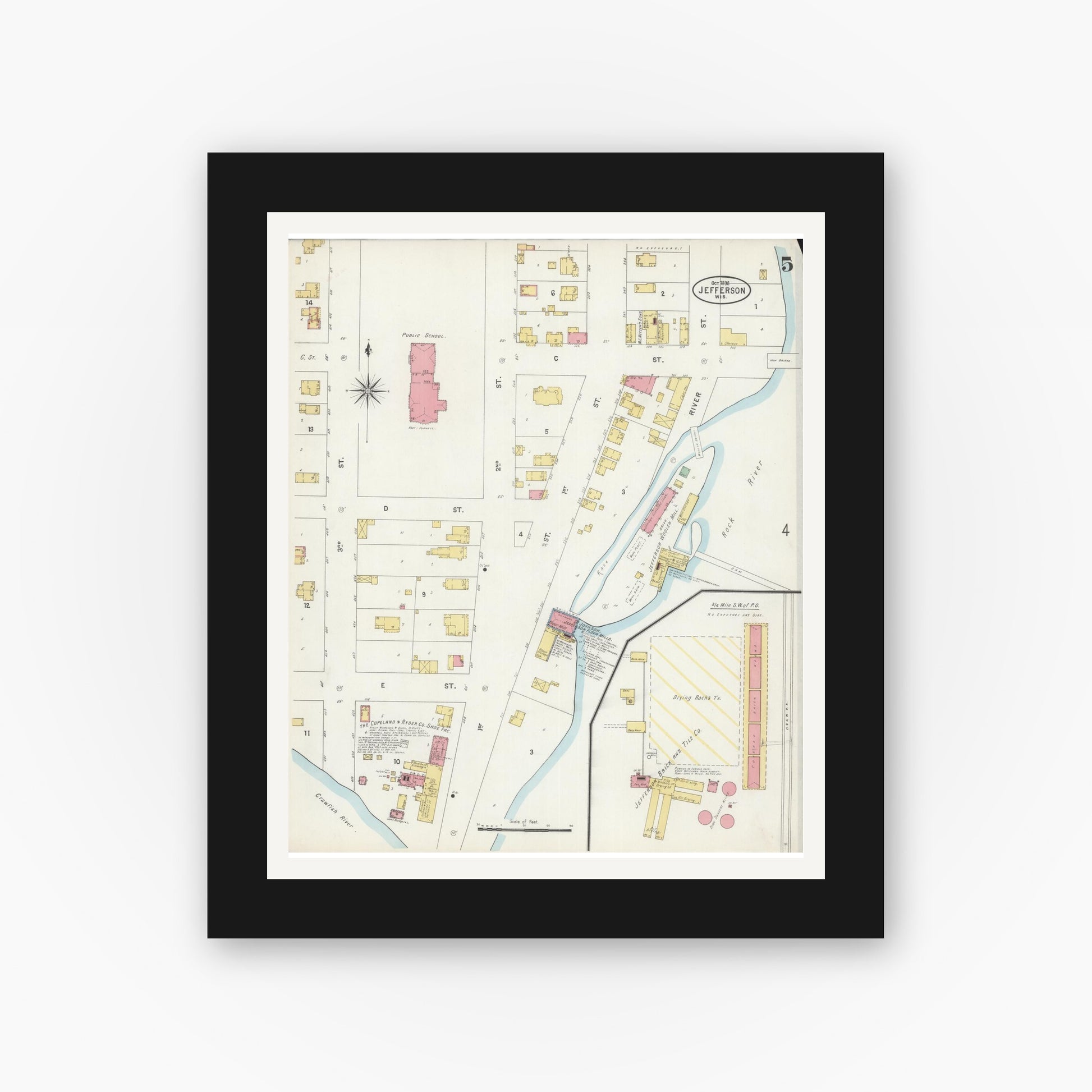 Old map wall art mockup — black gallery frame with white mat — Sanborn Fire Insurance Map from Jefferson, Jefferson County, Wisconsin (1898), Sheet #0005