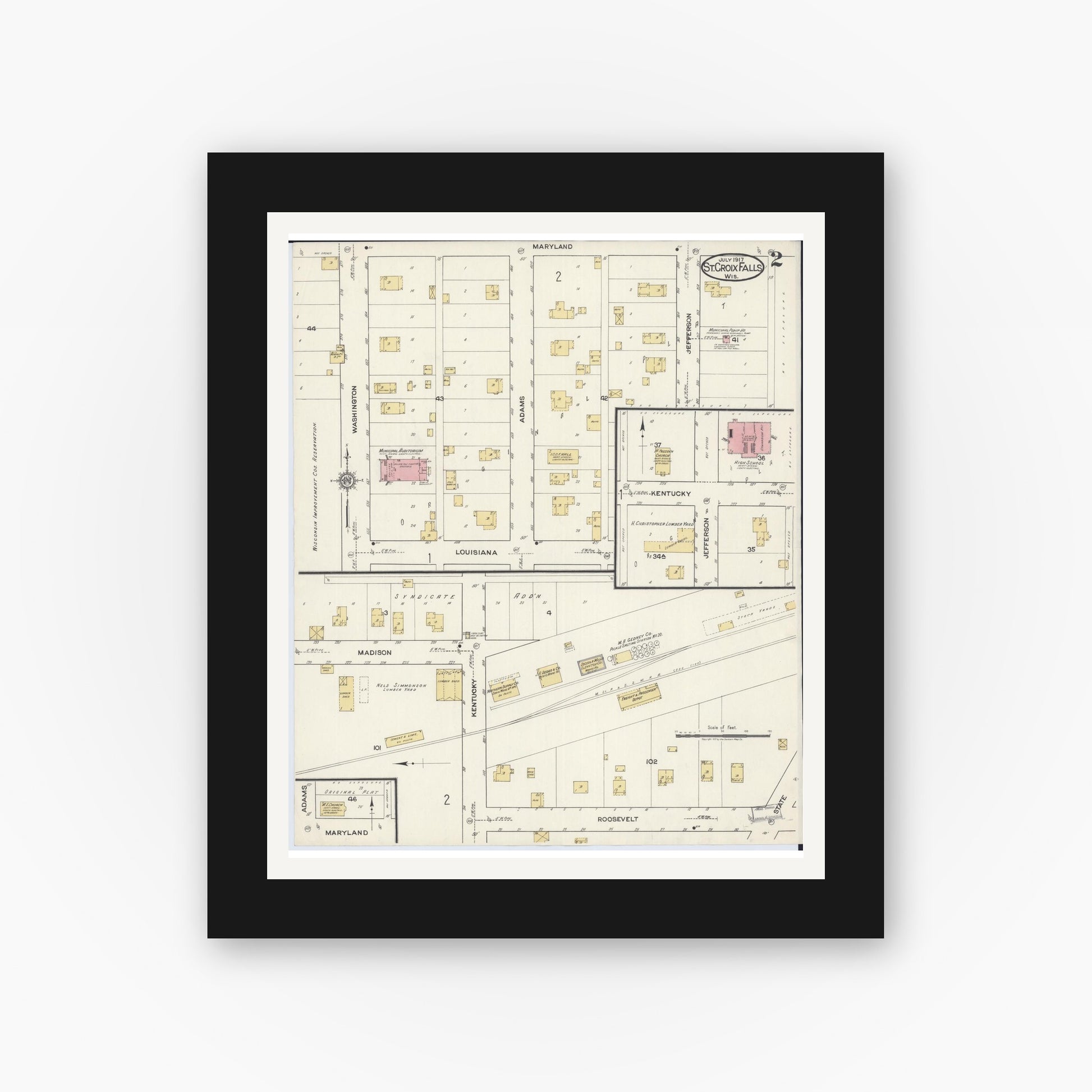 Old map wall art mockup — black gallery frame with white mat — Sanborn Fire Insurance Map from Saint Croix Falls, Polk County, Wisconsin (1917), Sheet #0002