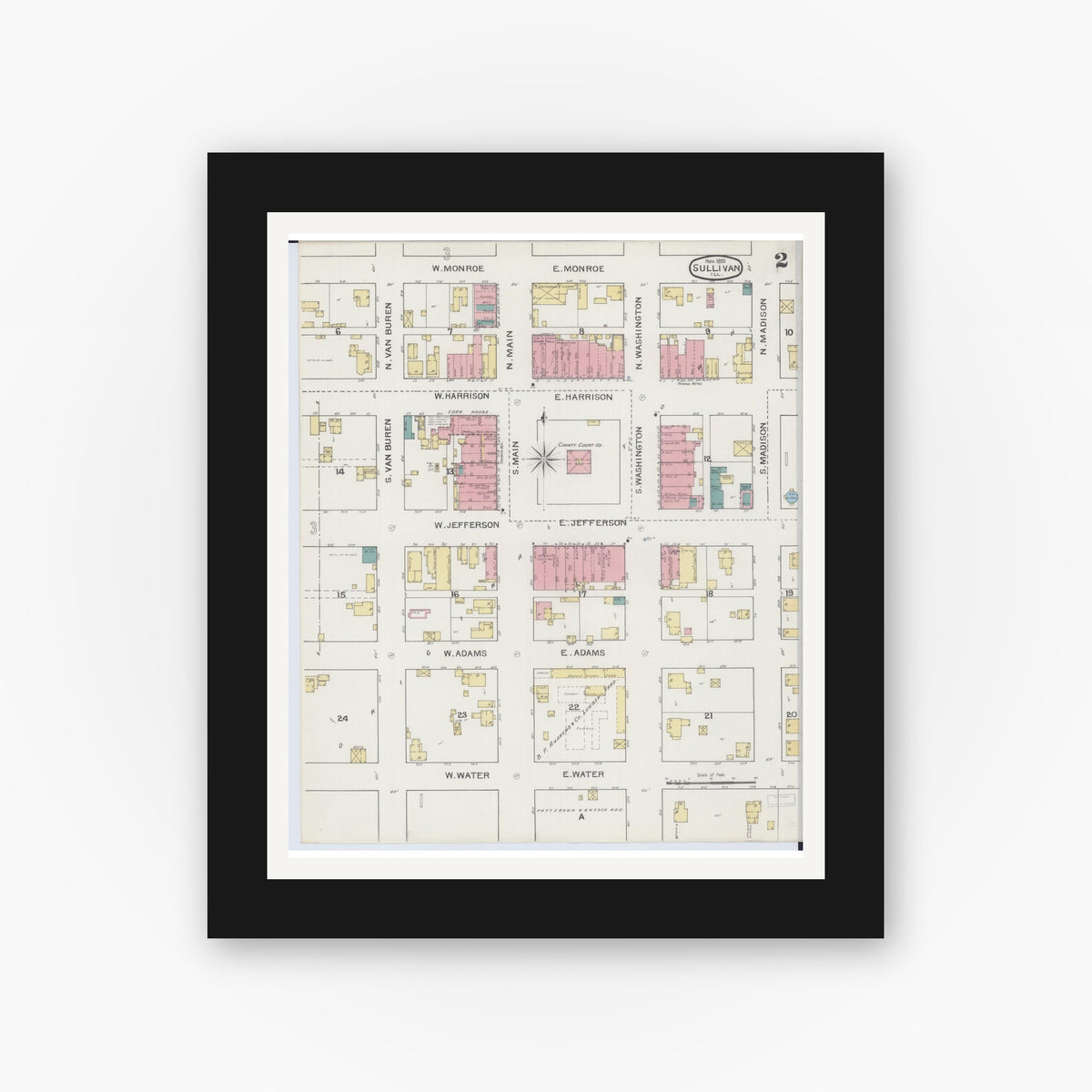 Old map wall art mockup — black gallery frame with white mat — Sanborn Fire Insurance Map from Sullivan, Moultrie County, Illinois (1893), Sheet #0002