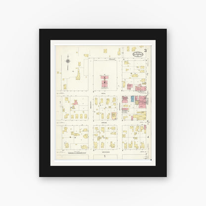 Old map wall art mockup — black gallery frame with white mat — Sanborn Fire Insurance Map from Bloomfield, Greene County, Indiana (1913), Sheet #0003