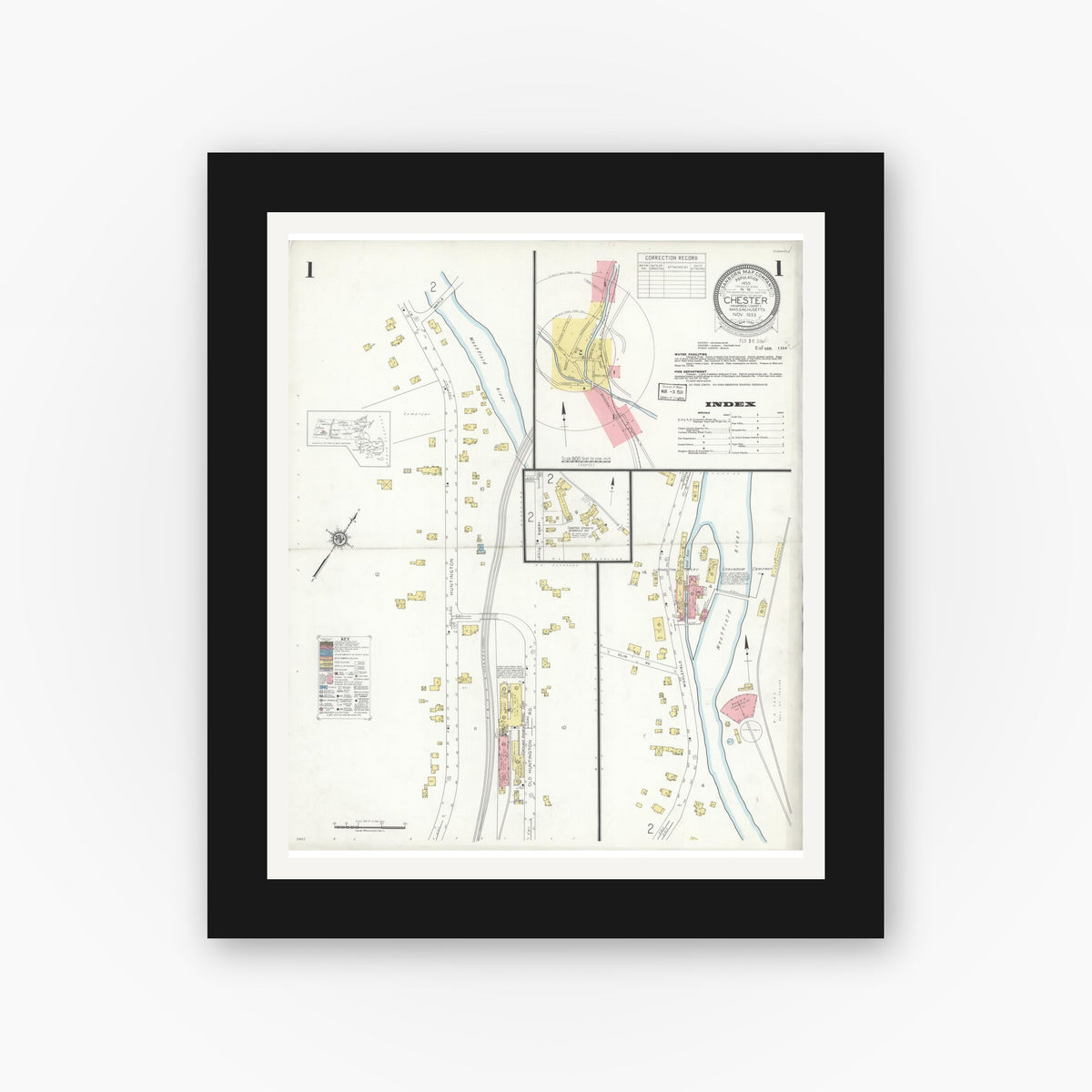 Old map wall art mockup — black gallery frame with white mat — Sanborn Fire Insurance Map from Chester, Hampden County, Massachusetts (1933) - Complete Map Set