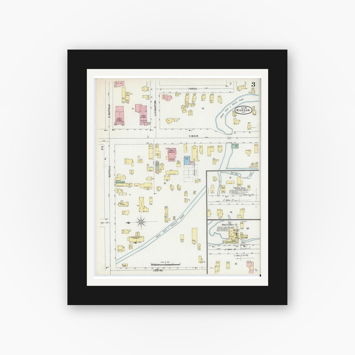 Old map wall art mockup — black gallery frame with white mat — Sanborn Fire Insurance Map from Warsaw, Wyoming County, New York (1897), Sheet #0003