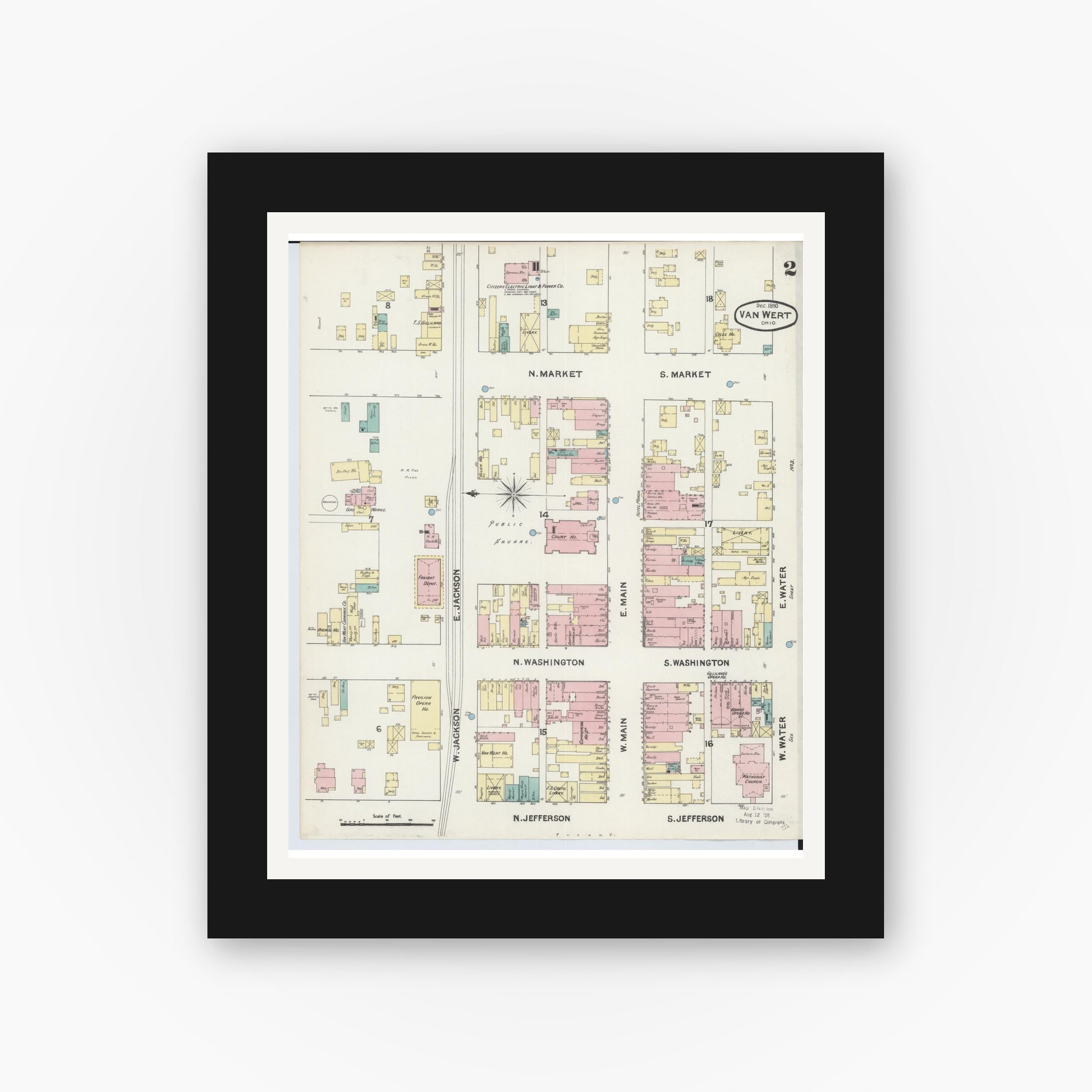 Old map wall art mockup — black gallery frame with white mat — Sanborn Fire Insurance Map from Van Wert, Van Wert County, Ohio (1890), Sheet #0002
