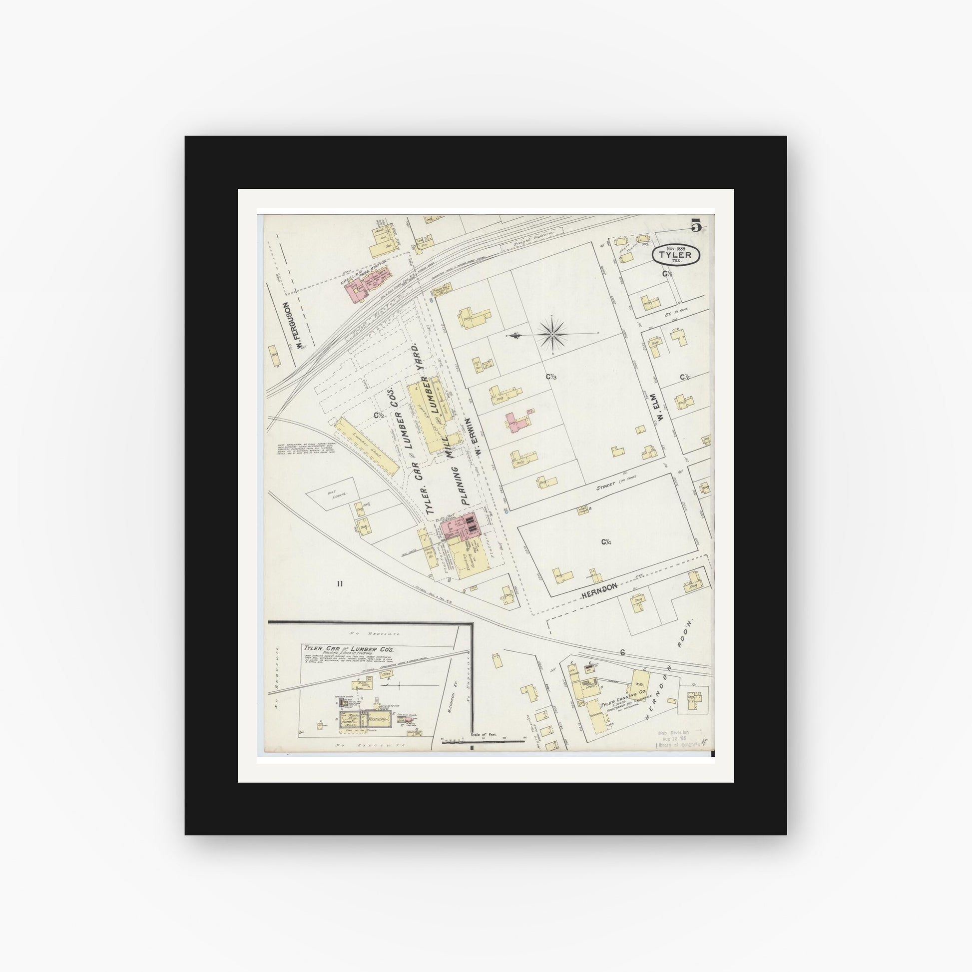 Old map wall art mockup — black gallery frame with white mat — Sanborn Fire Insurance Map from Tyler, Smith County, Texas (1889), Sheet #0005