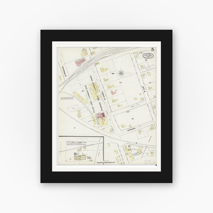 Old map wall art mockup — black gallery frame with white mat — Sanborn Fire Insurance Map from Tyler, Smith County, Texas (1889), Sheet #0005