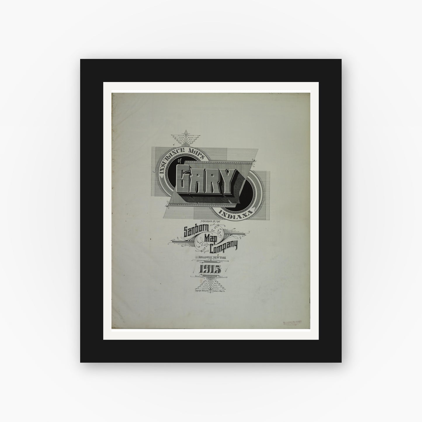 Old map wall art mockup — black gallery frame with white mat — Sanborn Fire Insurance Map from Gary, Lake County, Indiana (1915), Sheet #0001