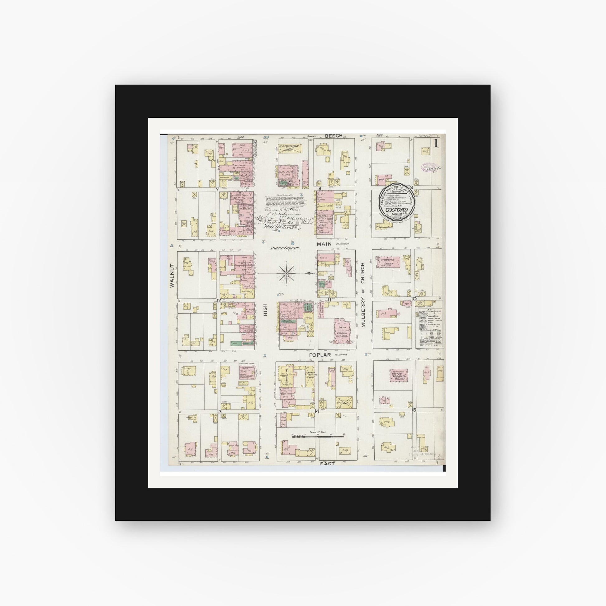 Old map wall art mockup — black gallery frame with white mat — Sanborn Fire Insurance Map from Oxford, Butler County, Ohio (1887), Sheet #0001