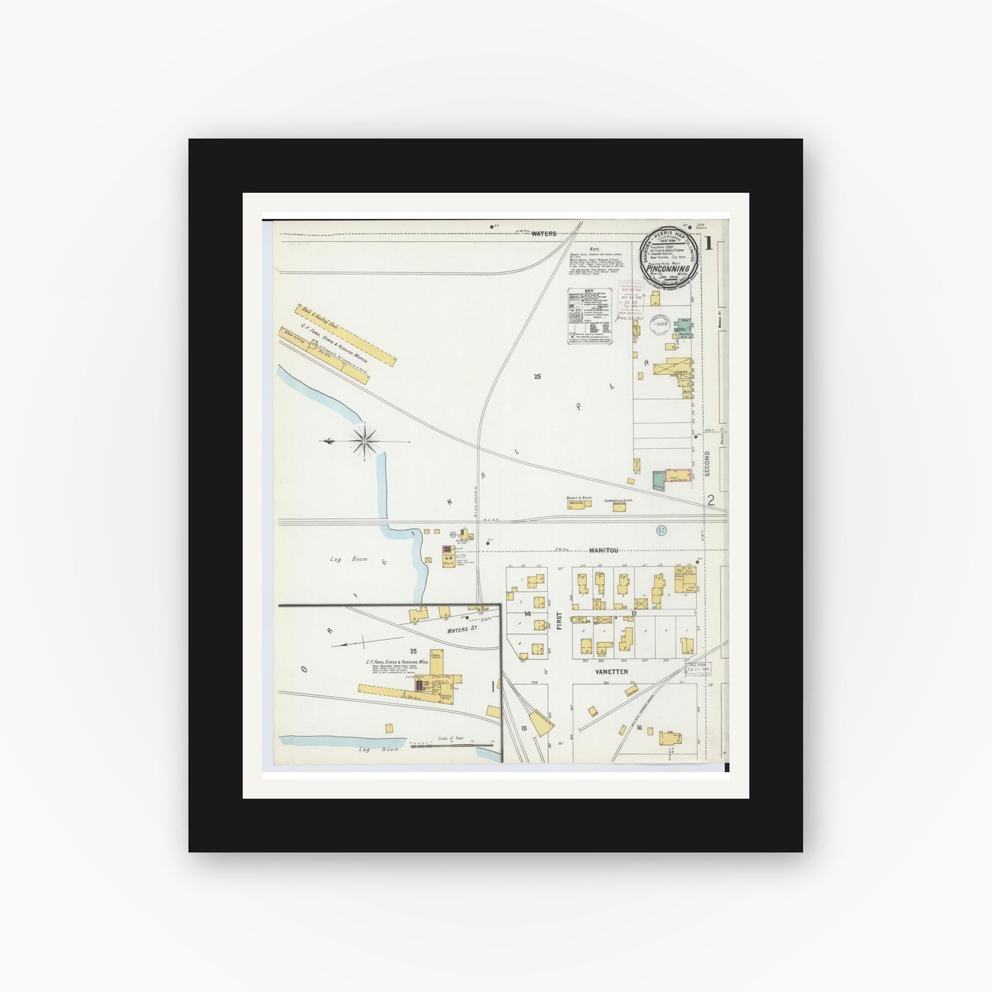 Old map wall art mockup — black gallery frame with white mat — Sanborn Fire Insurance Map from Pinconning, Bay County, Michigan (1900) - Complete Map Set