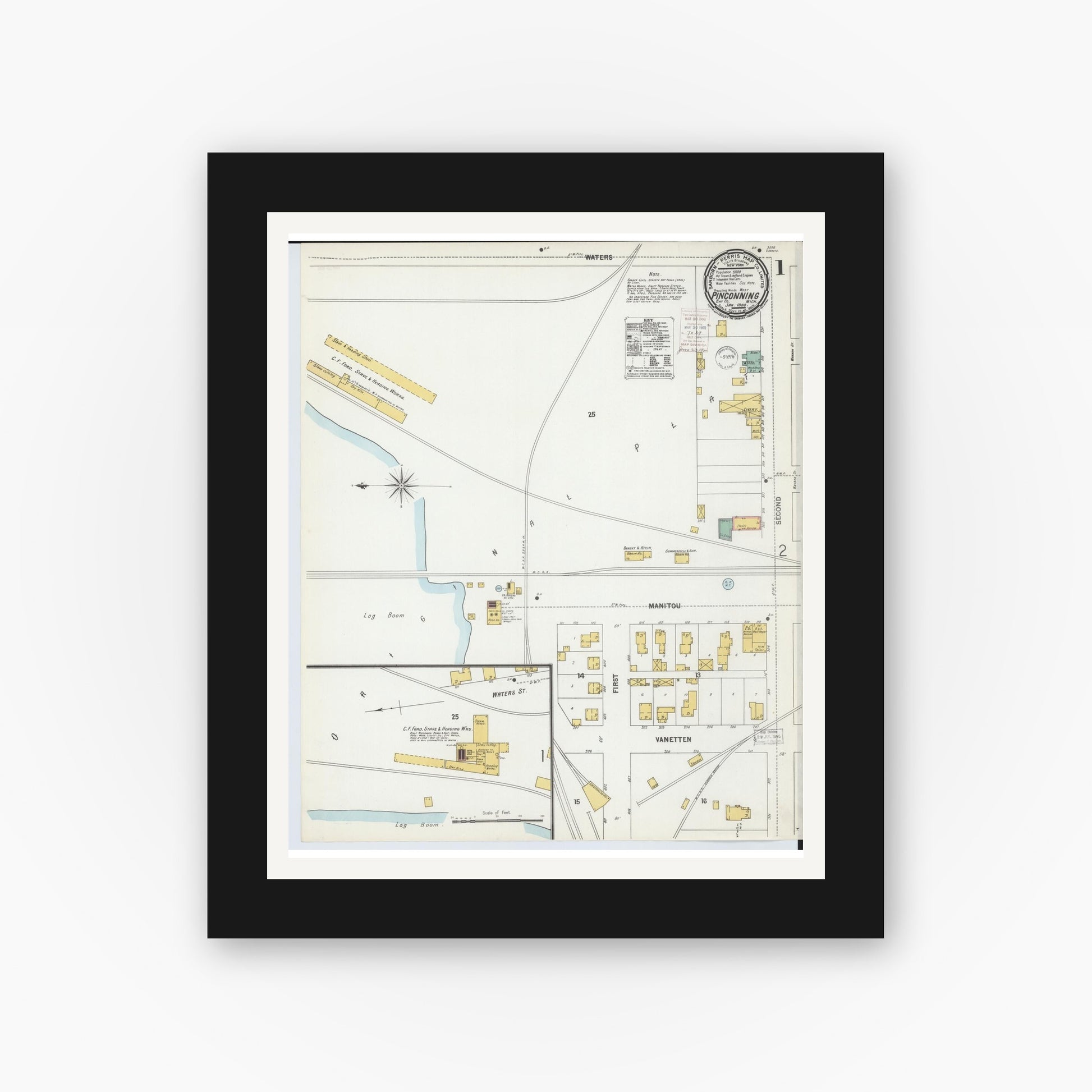Old map wall art mockup — black gallery frame with white mat — Sanborn Fire Insurance Map from Pinconning, Bay County, Michigan (1900) - Complete Map Set