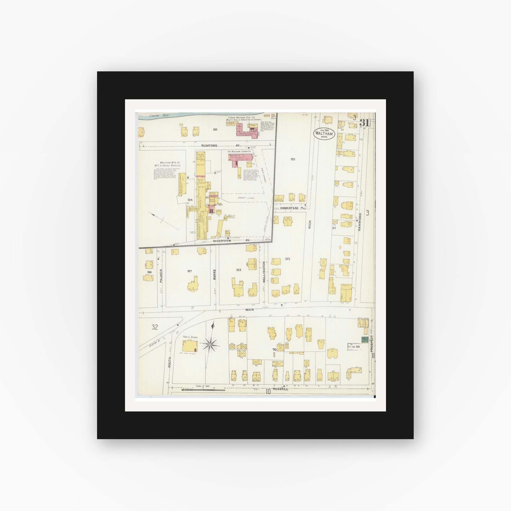 Old map wall art mockup — black gallery frame with white mat — Sanborn Fire Insurance Map from Waltham, Middlesex County, Massachusetts (1903), Sheet #0031