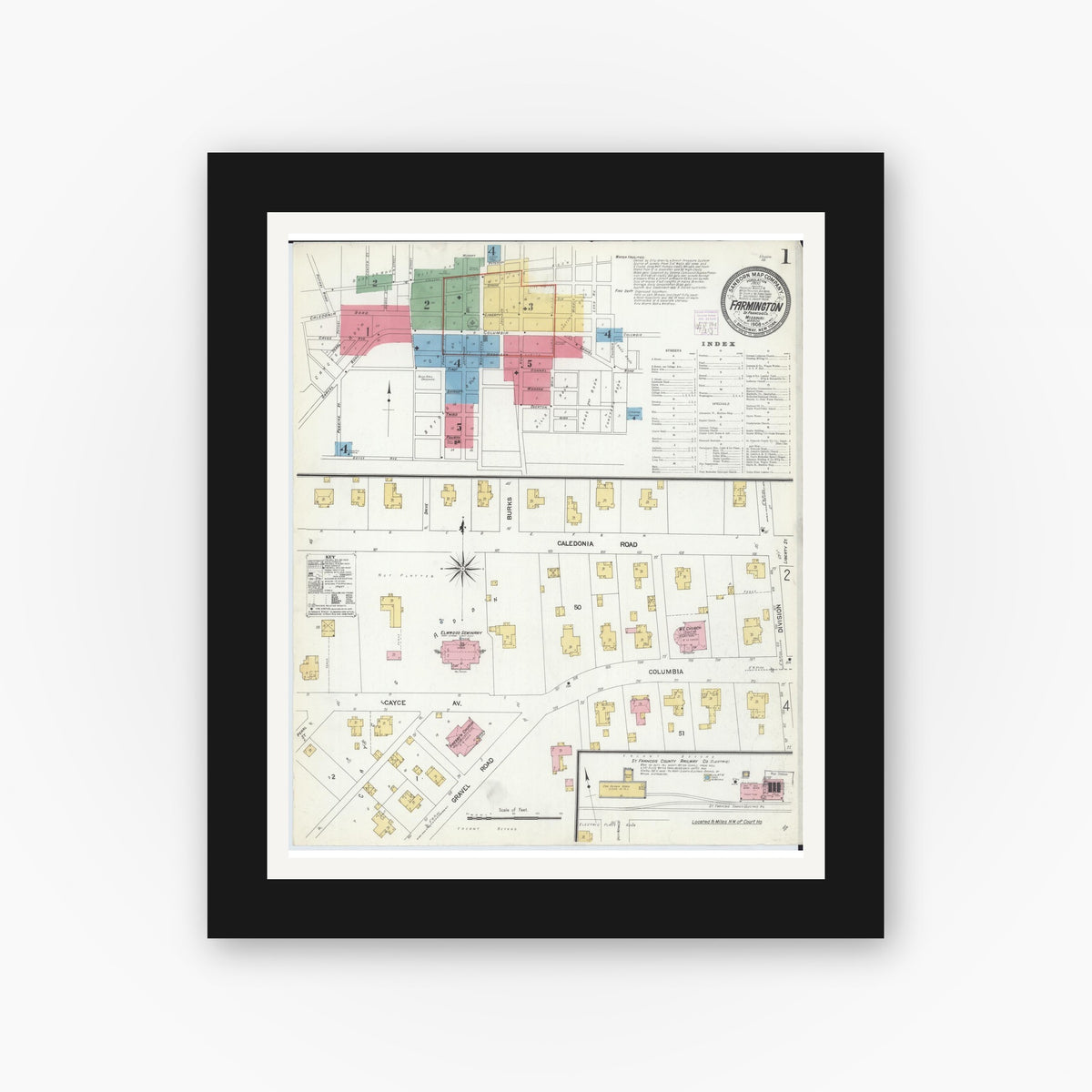 Old map wall art mockup — black gallery frame with white mat — Sanborn Fire Insurance Map from Farmington, Saint Francois County, Missouri (1908) - Complete Map Set
