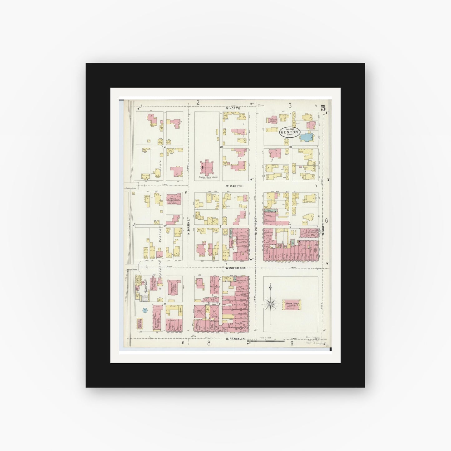 Old map wall art mockup — black gallery frame with white mat — Sanborn Fire Insurance Map from Kenton, Hardin County, Ohio (1897), Sheet #0005