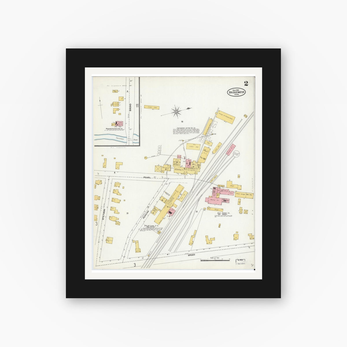 Old map wall art mockup — black gallery frame with white mat — Sanborn Fire Insurance Map from Bridgewater, Plymouth County, Massachusetts (1906), Sheet #0002