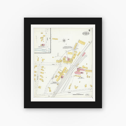 Old map wall art mockup — black gallery frame with white mat — Sanborn Fire Insurance Map from Bridgewater, Plymouth County, Massachusetts (1906), Sheet #0002