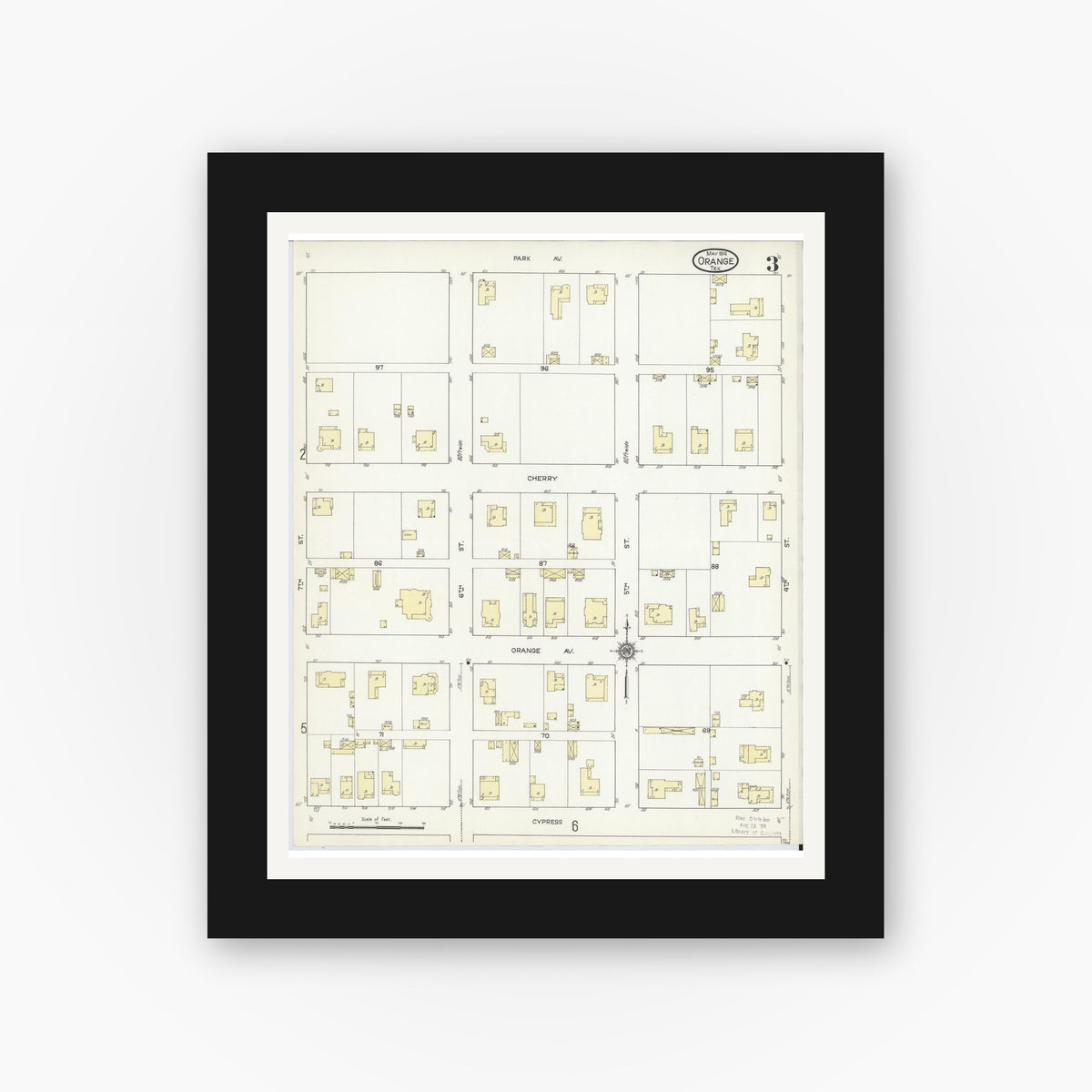 Old map wall art mockup — black gallery frame with white mat — Sanborn Fire Insurance Map from Orange, Orange County, Texas (1914), Sheet #0003