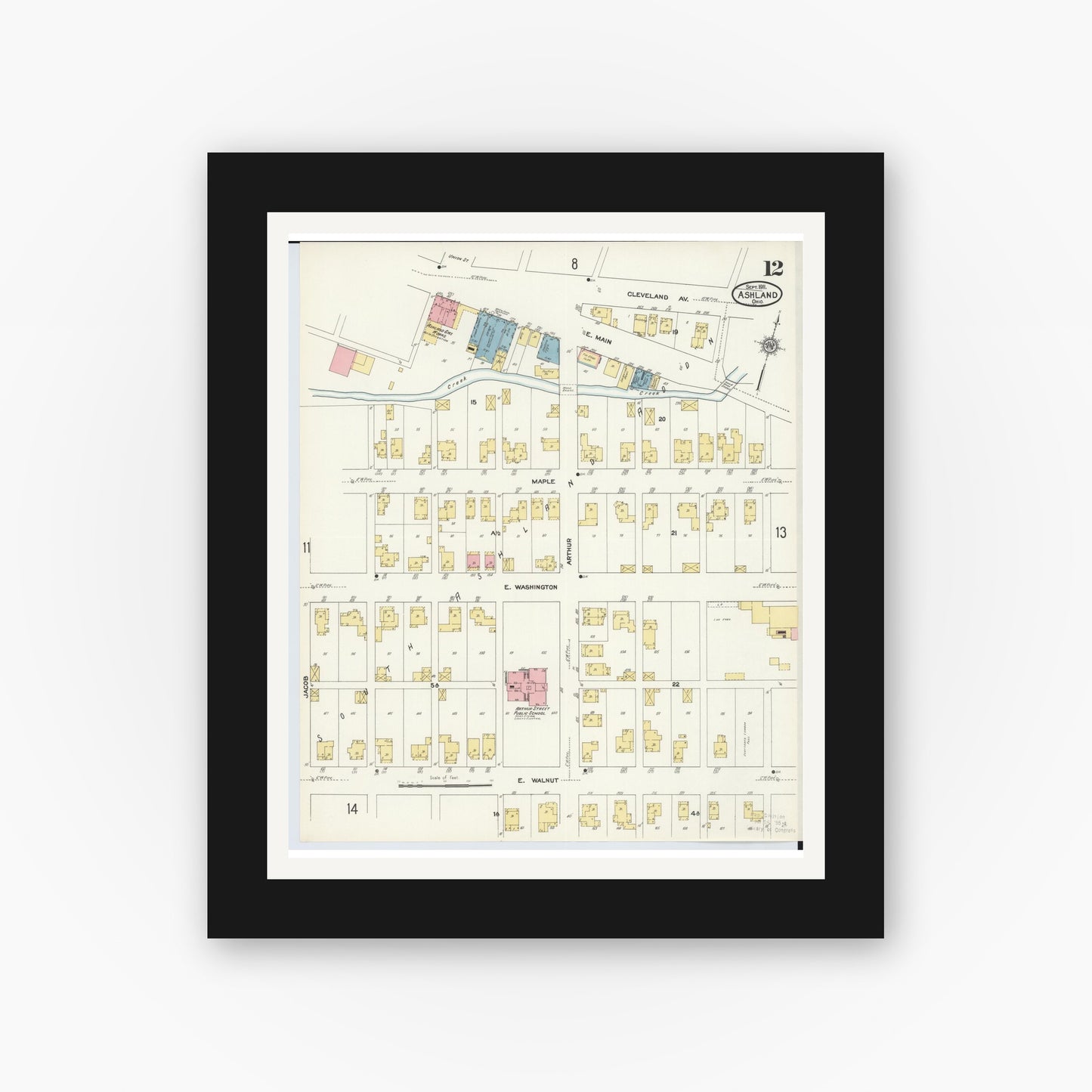 Old map wall art mockup — black gallery frame with white mat — Sanborn Fire Insurance Map from Ashland, Ashland County, Ohio (1911), Sheet #0012