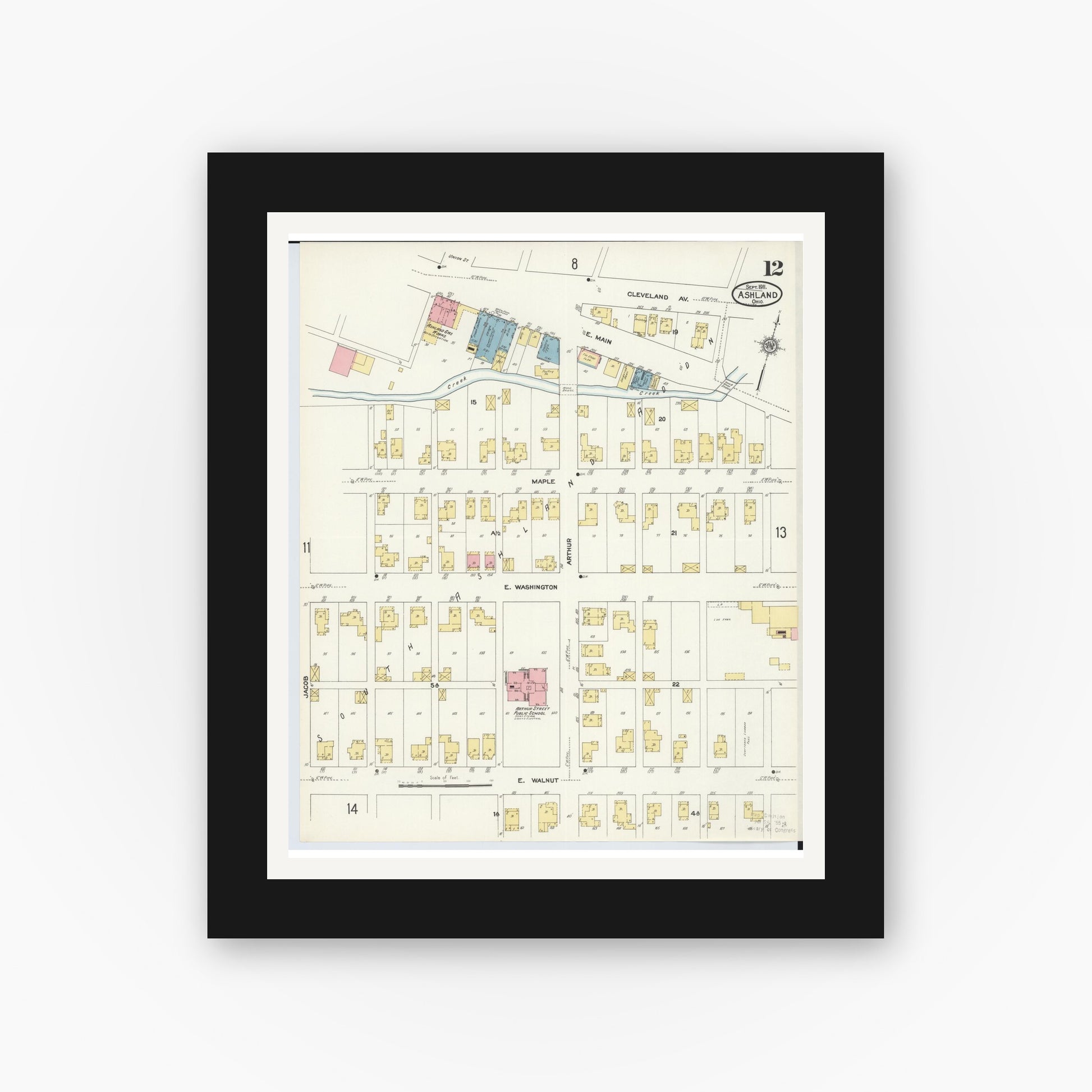 Old map wall art mockup — black gallery frame with white mat — Sanborn Fire Insurance Map from Ashland, Ashland County, Ohio (1911), Sheet #0012